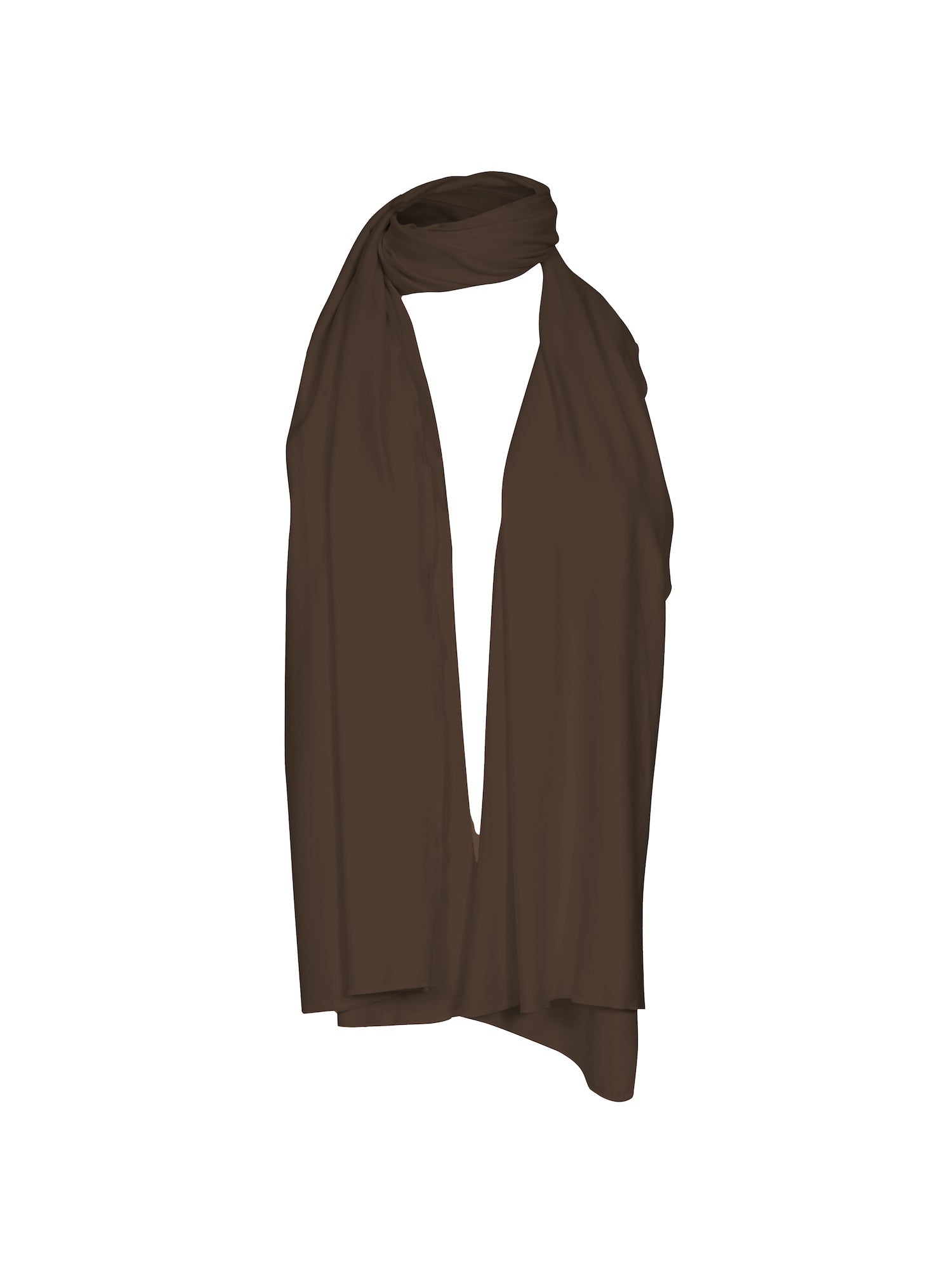 Model wearing cocoa brown scarf or shawl, women's bamboo clothing accessories