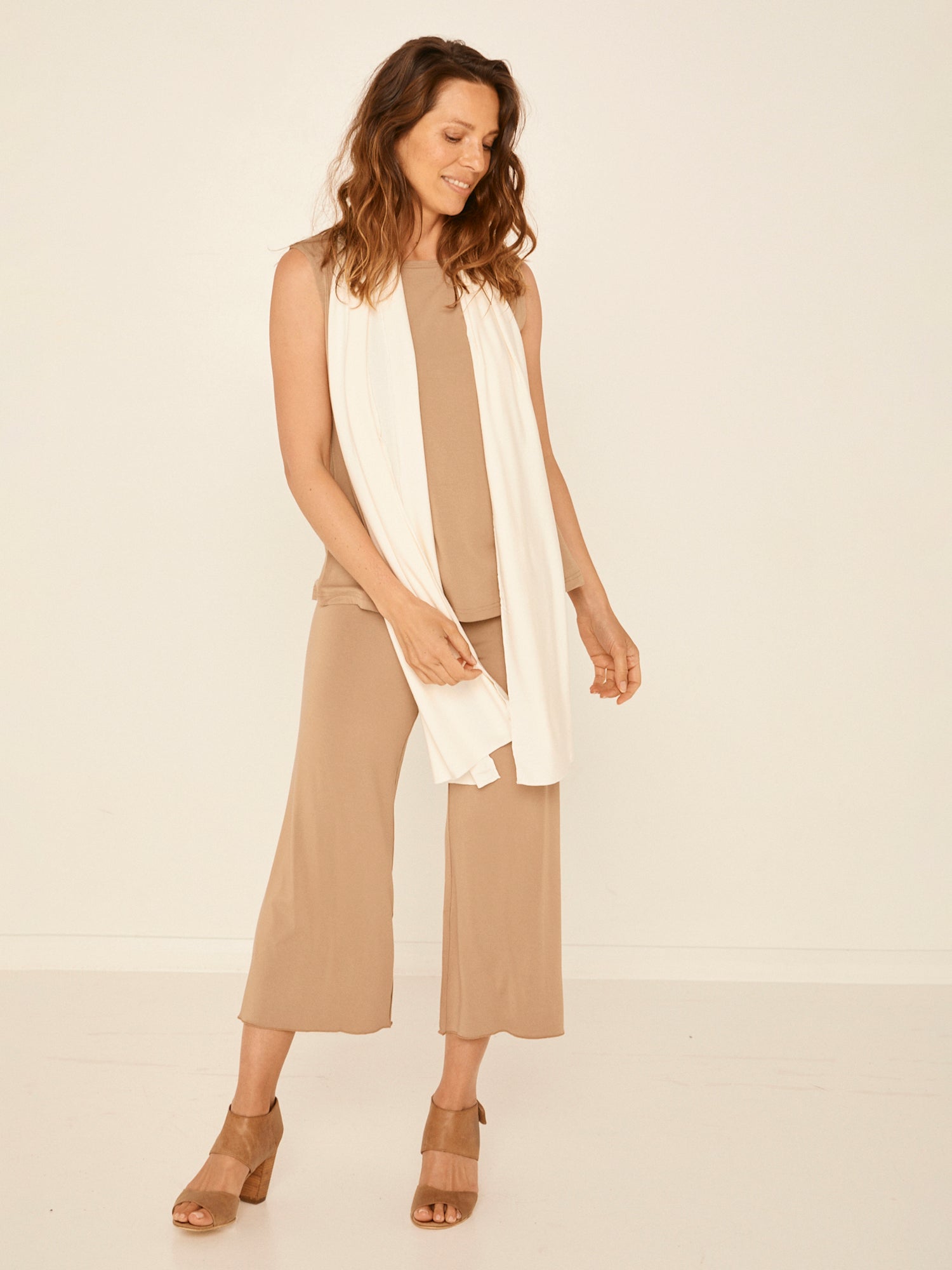 Model wearing cream scarf or shawl, women's bamboo clothing accessories