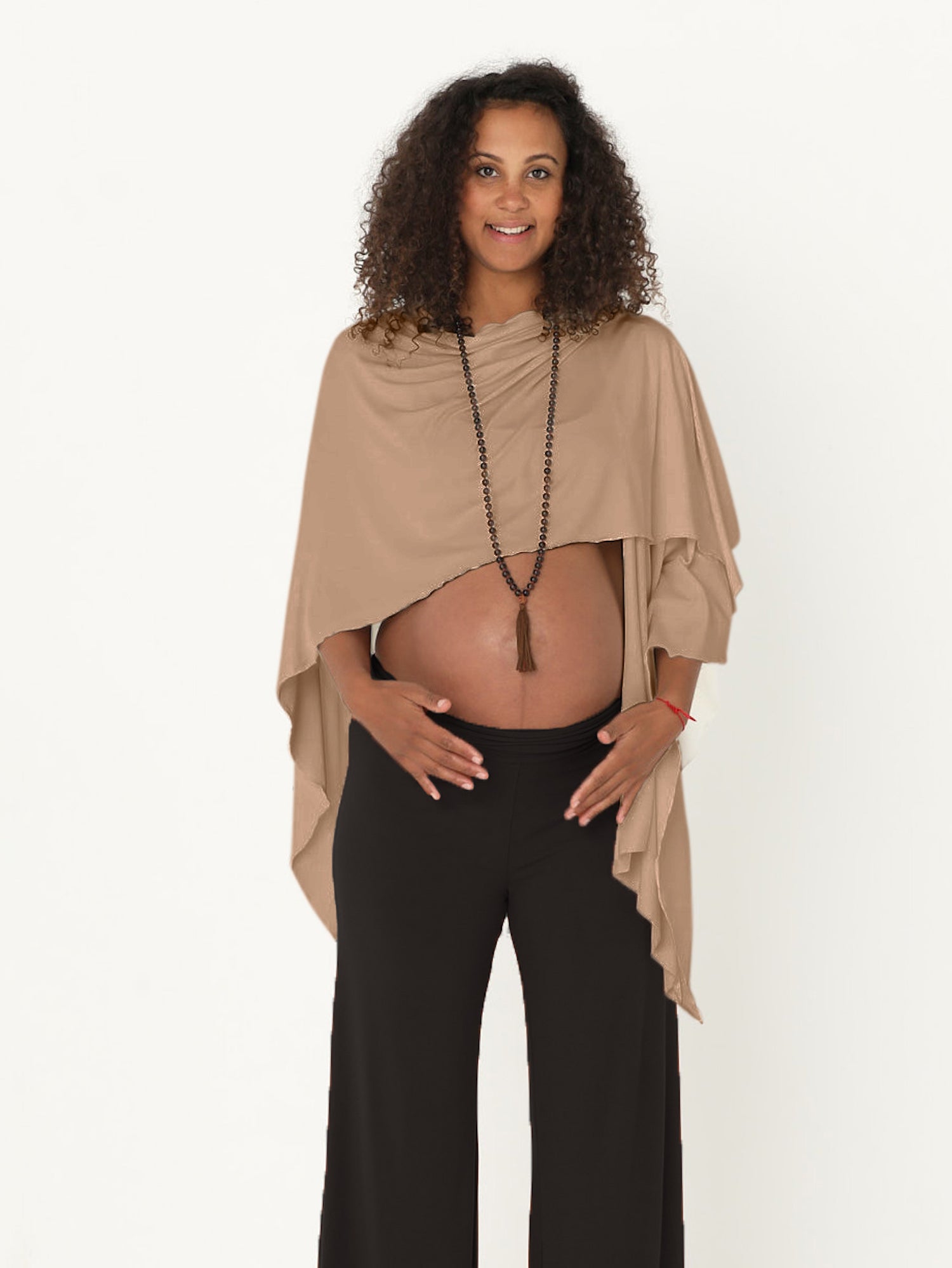 Model wearing caramel brown large shawl, nourishing wrap, women's bamboo clothing
