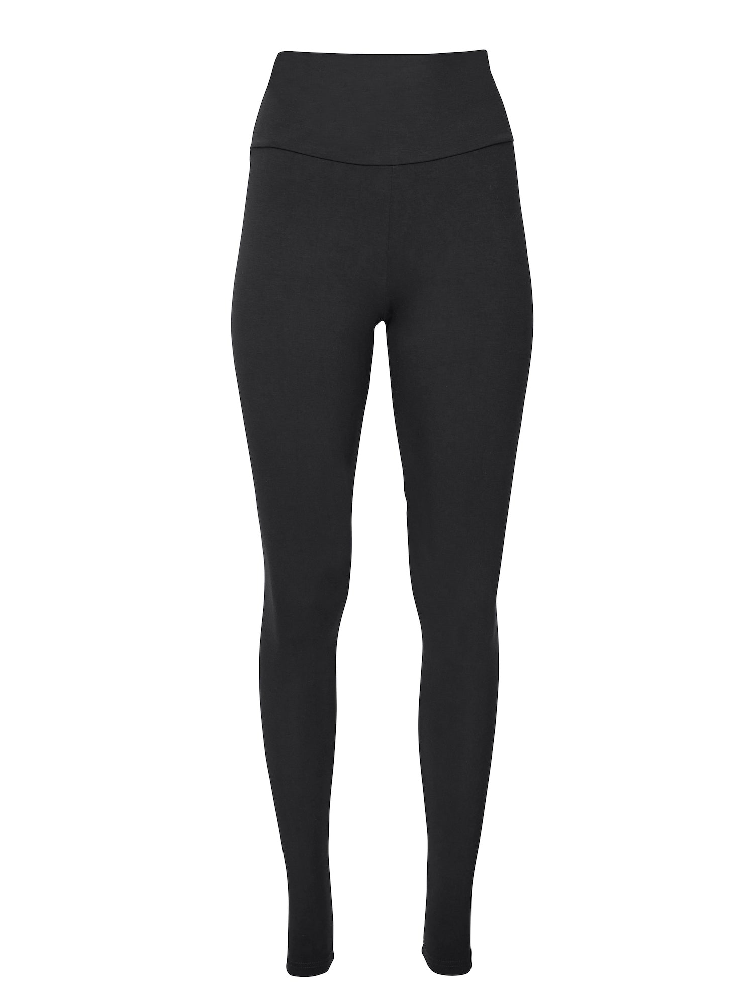 Model wearing black long ankle length tights, double layered high waistband, women's bamboo clothing