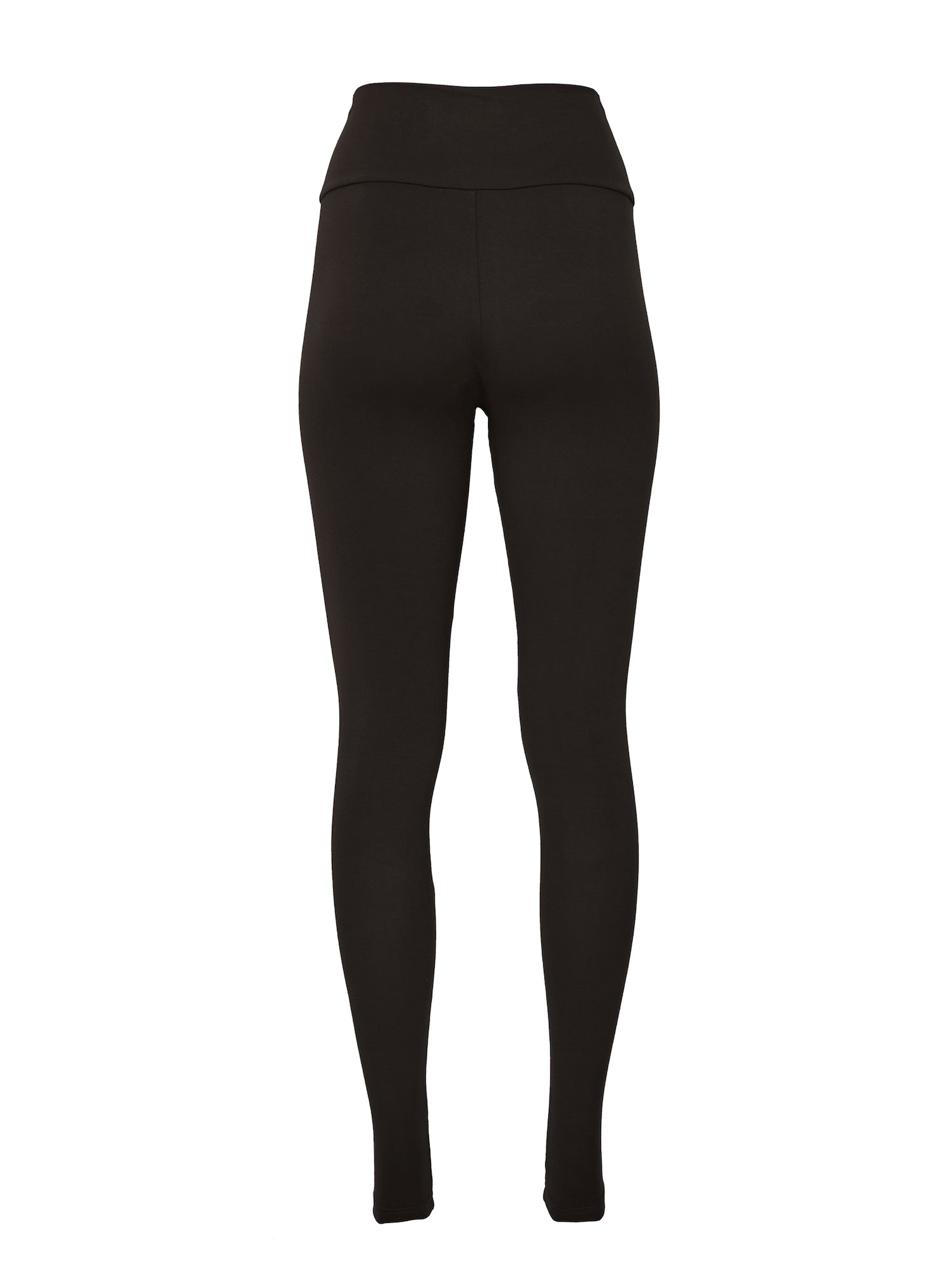 Model wearing black long ankle length tights, double layered high waistband, women's bamboo clothing