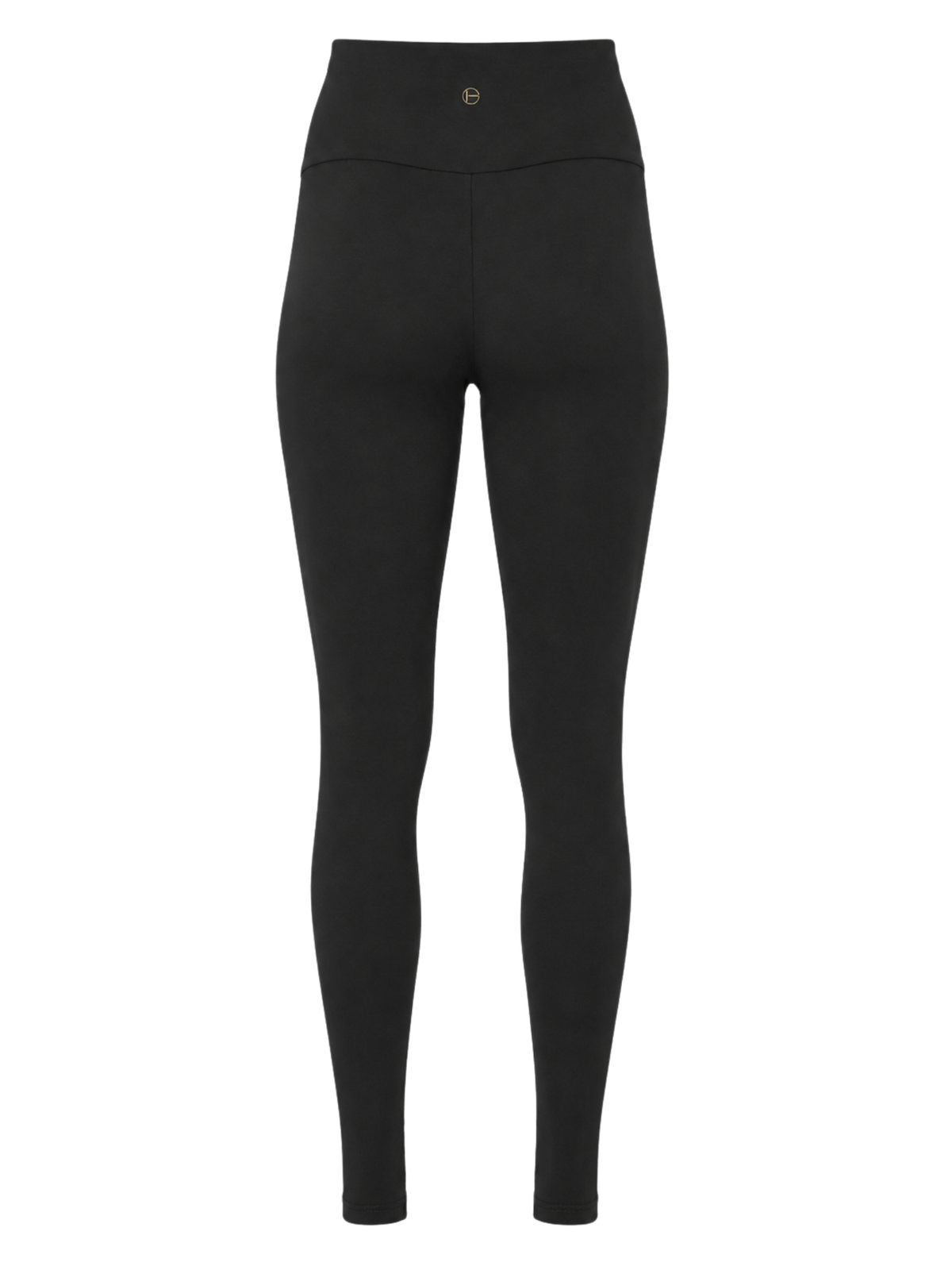 Black high-waisted long ankle length leggings with a small logo at the centre of the waistband, shown on a plain white background.
