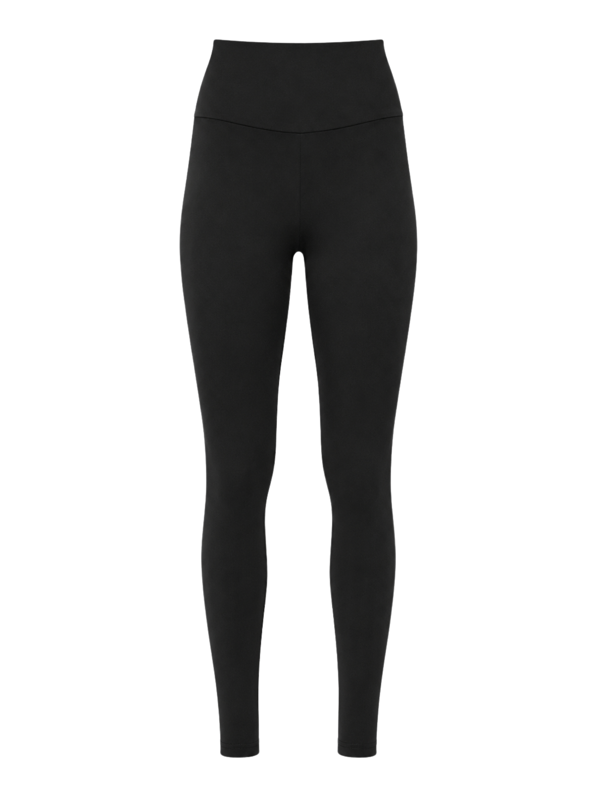 Black high-waisted long ankle length leggings shown on a plain white background.