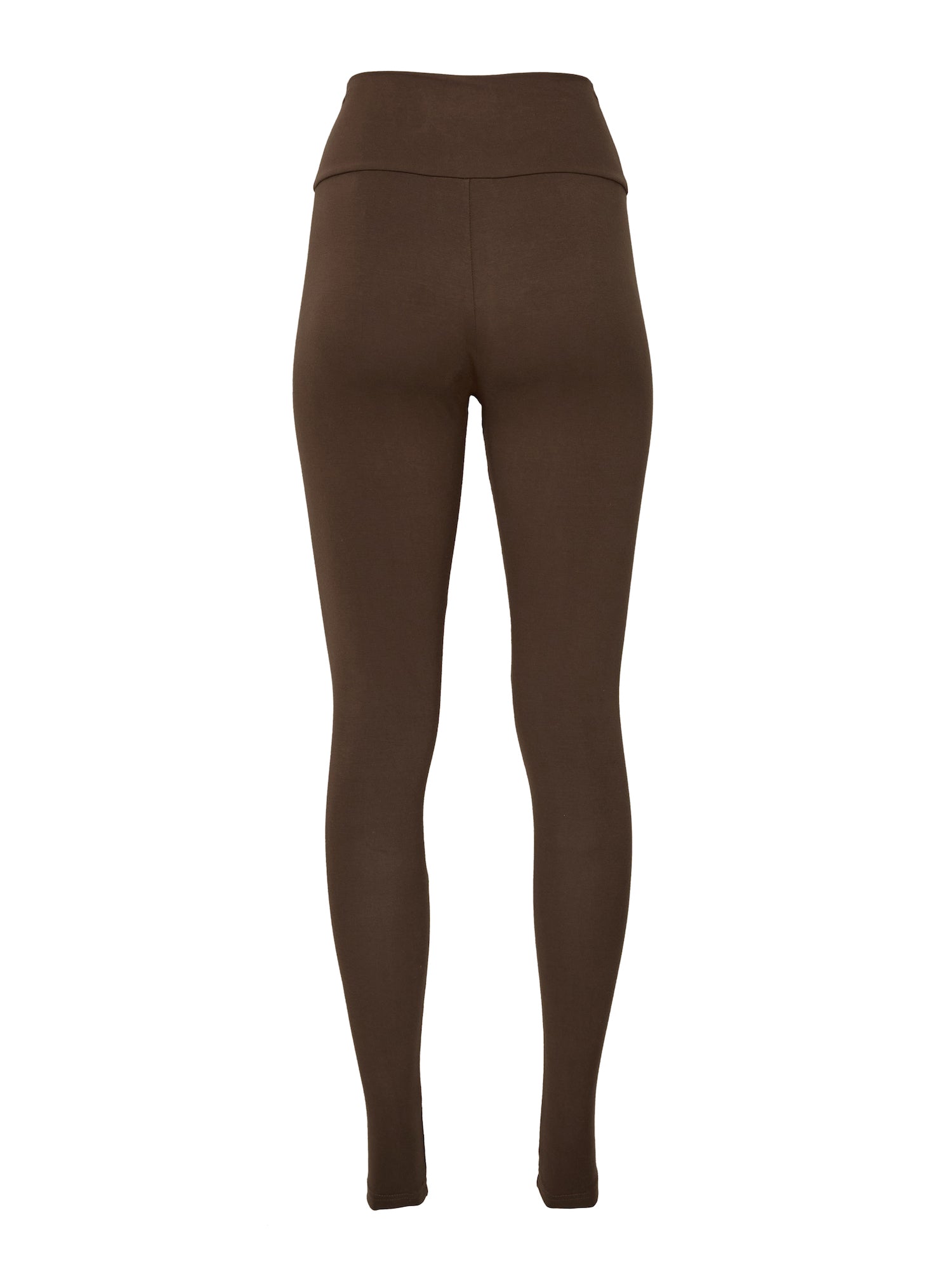 Model wearing cocoa brown long ankle length tights, double layered high waistband, women's bamboo clothing
