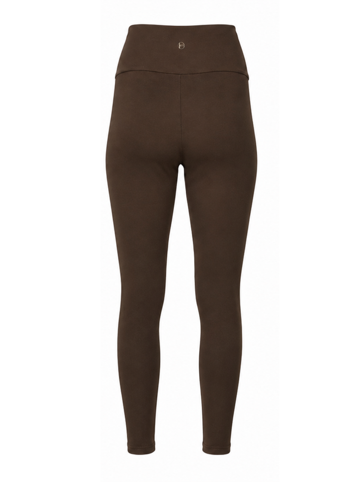 A pair of high-waisted, full-length leggings in a solid dark brown color, shown on a clean white background.
