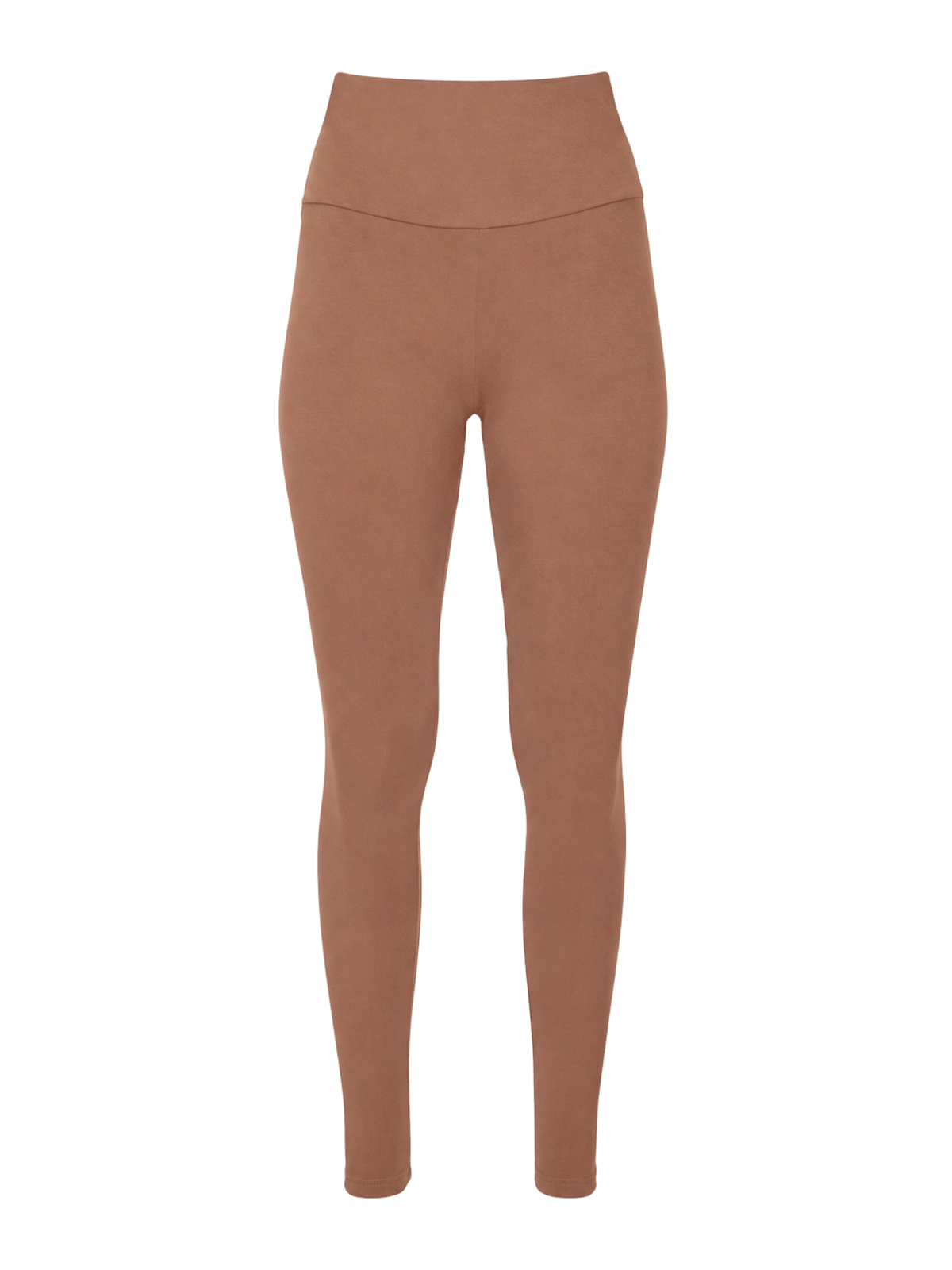 A pair of high-waisted, full-length leggings in a solid warm toffee tan color, shown against a plain white background.