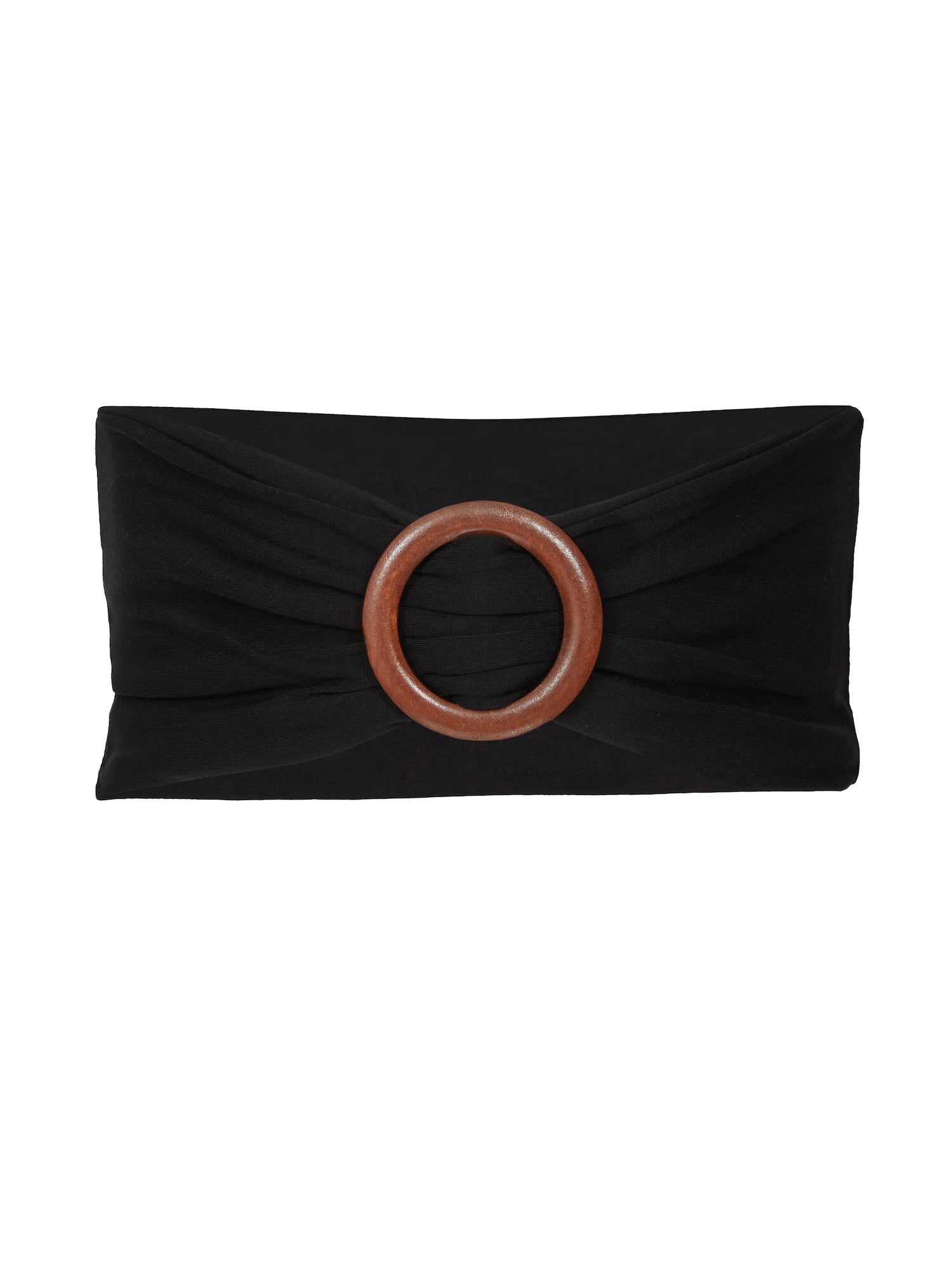 Model wearing black bamboo fabric belt with round natural brown wooden buckle, women's bamboo clothing accessories
