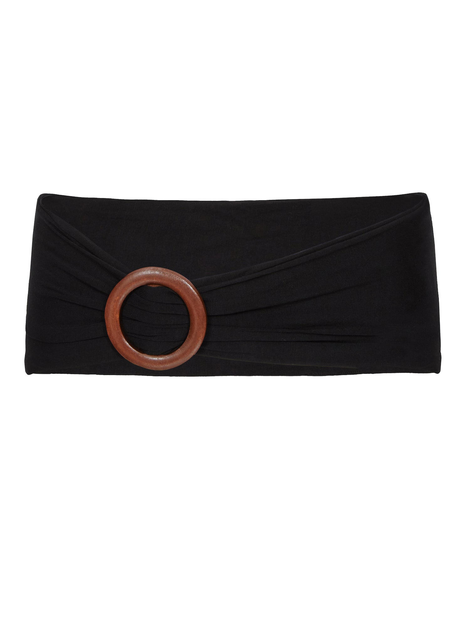 Model wearing black bamboo fabric belt with round natural brown wooden buckle, women's bamboo clothing accessories