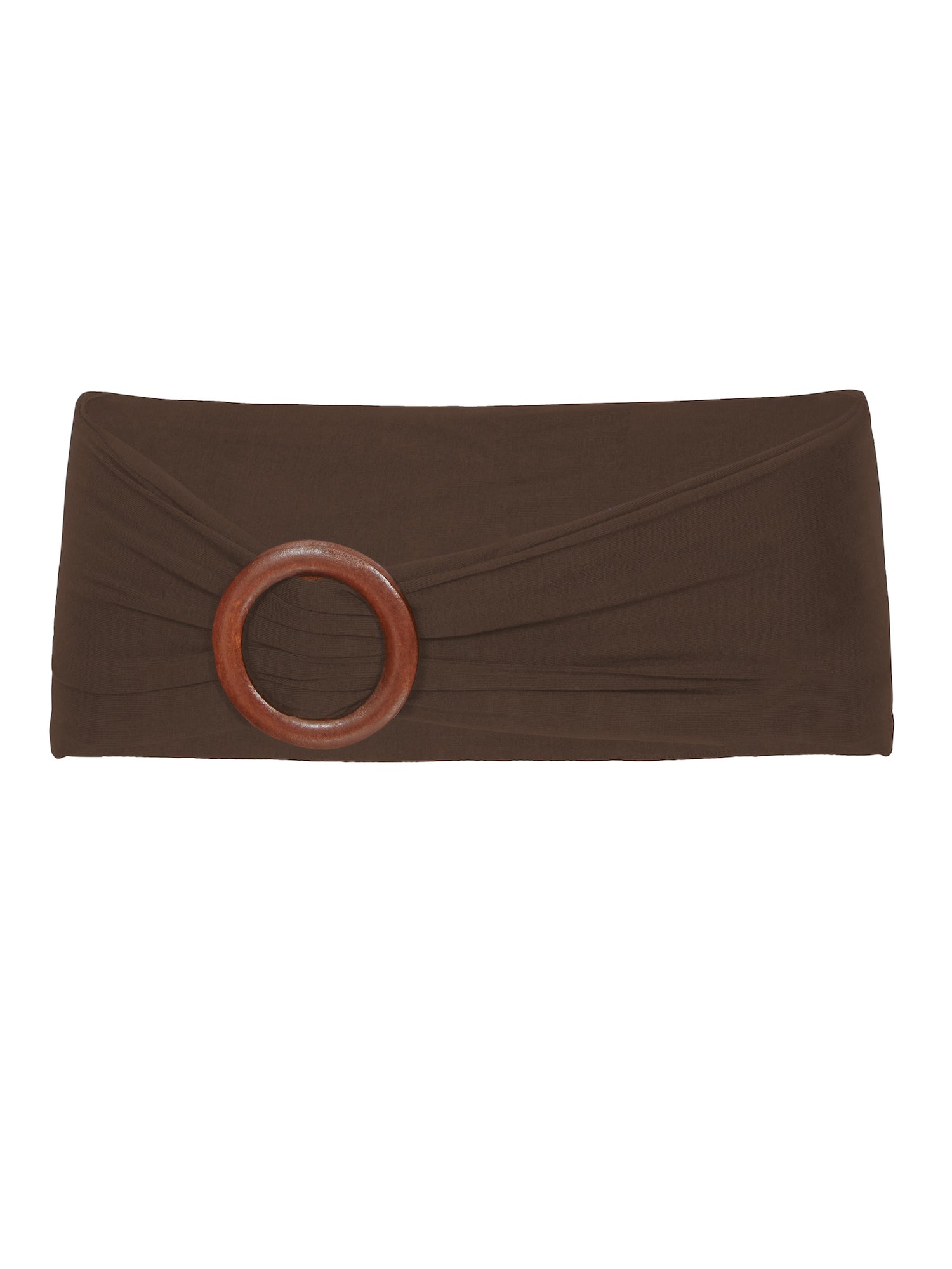 Model wearing cocoa brown bamboo fabric belt with round natural brown wooden buckle, women's bamboo clothing accessories