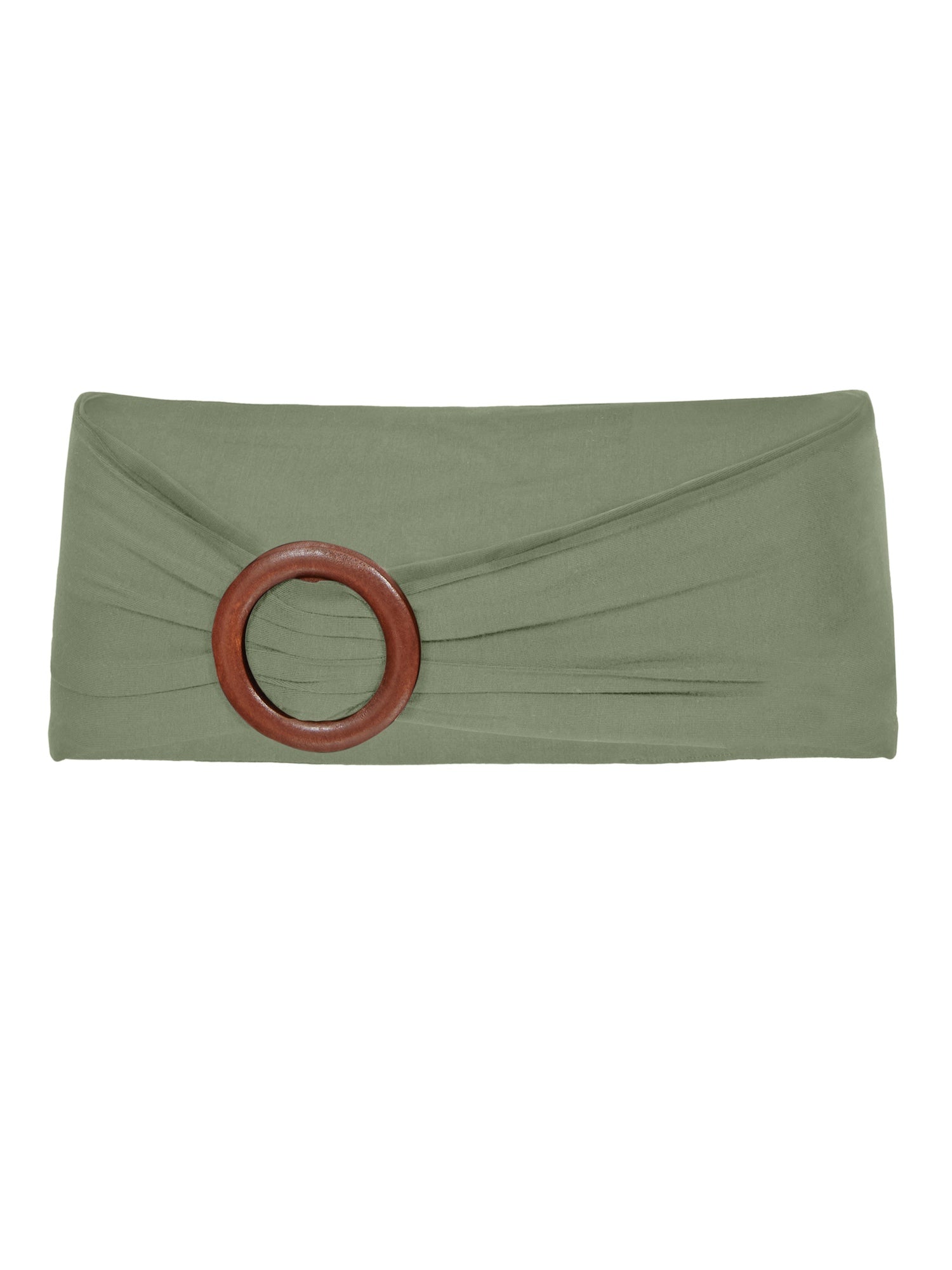 Model wearing eucalyptus green bamboo fabric belt with round natural brown wooden buckle, women's bamboo clothing accessories