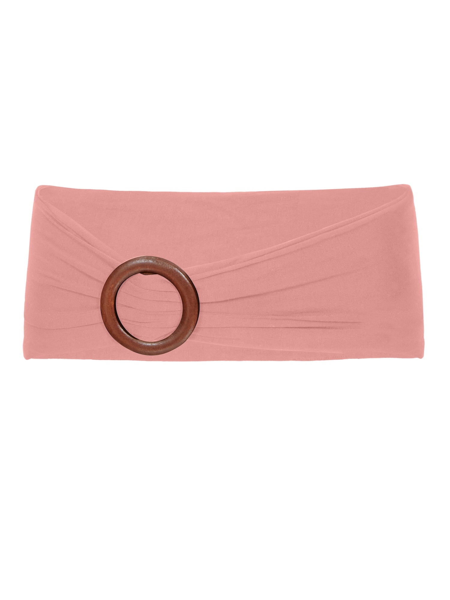 Model wearing dusty pink bamboo fabric belt with round natural brown wooden buckle, women's bamboo clothing accessories