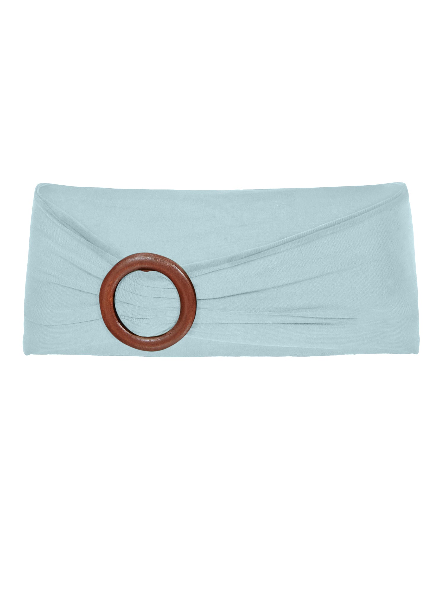 Bamboo light topaz blue belt with a brown circular wooden buckle on a white background