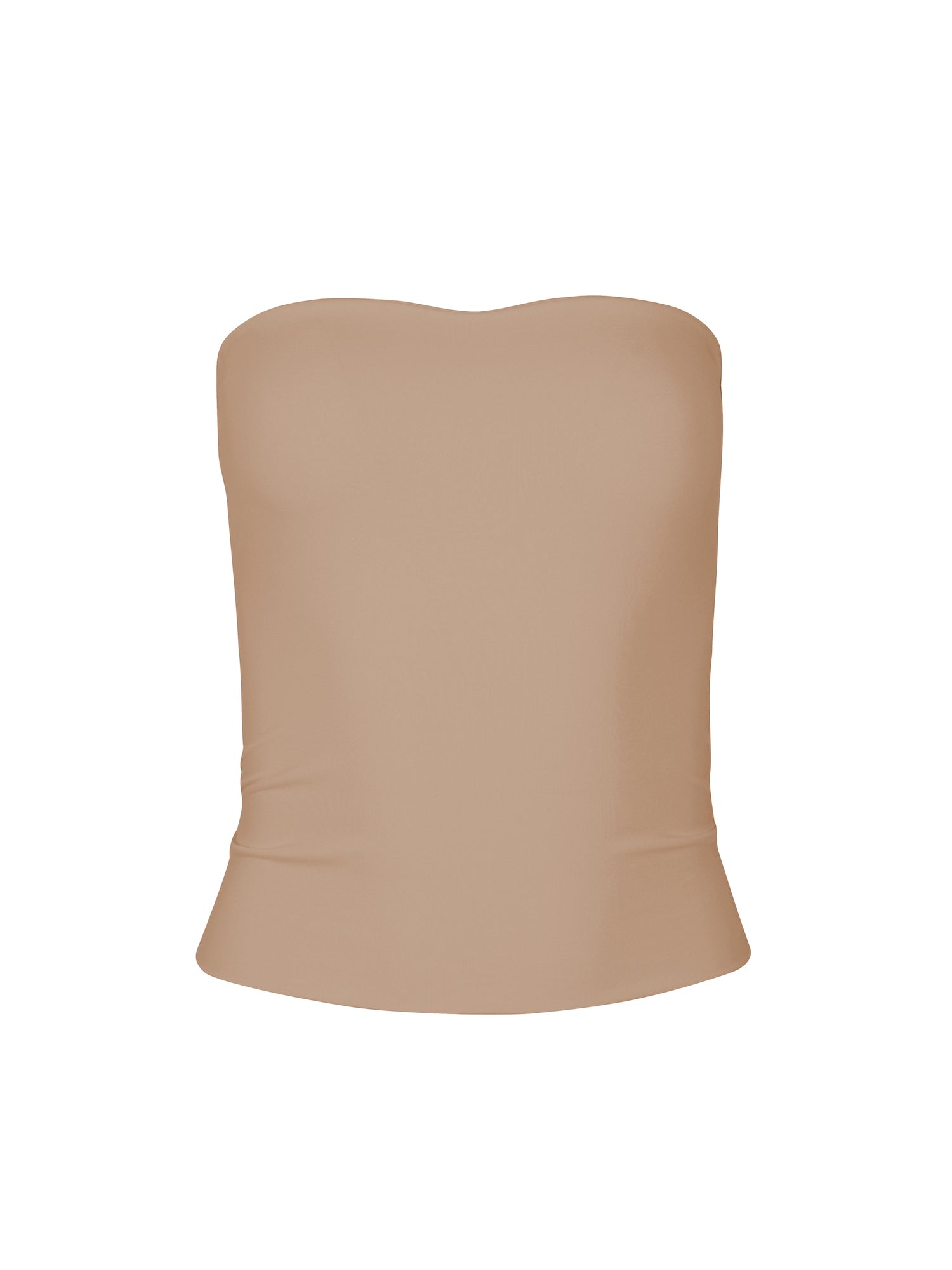 Model wearing caramel brown strapless boob tube top with supportive double layer fabric, women's bamboo clothing