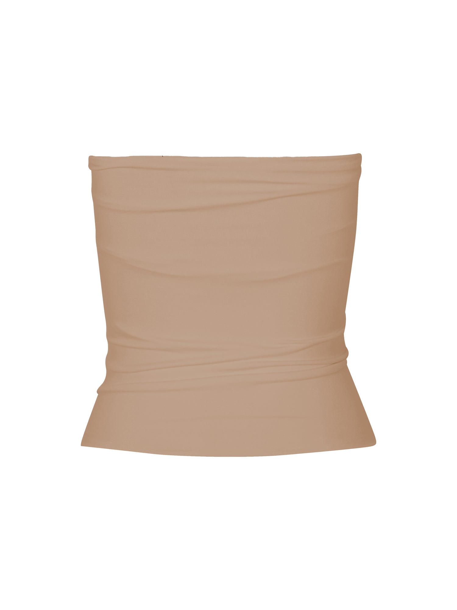 Model wearing caramel brown strapless boob tube top with supportive double layer fabric, women's bamboo clothing