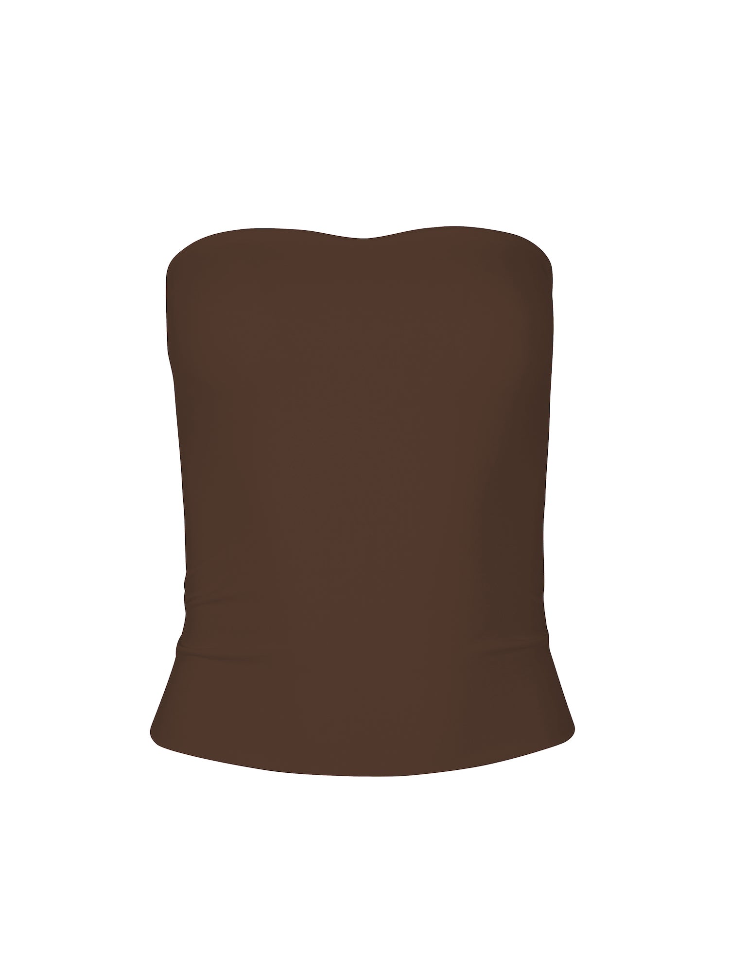Model wearing cocoa brown strapless boob tube top with supportive double layer fabric, women's bamboo clothing