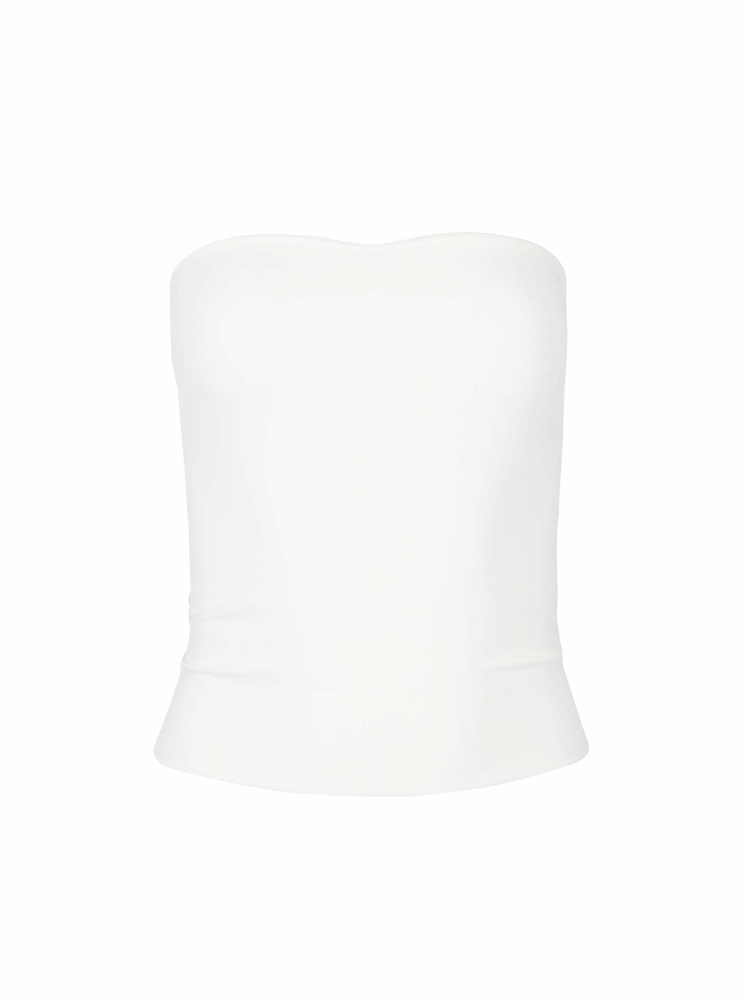 Model wearing cream strapless boob tube top with supportive double layer fabric, women's bamboo clothing