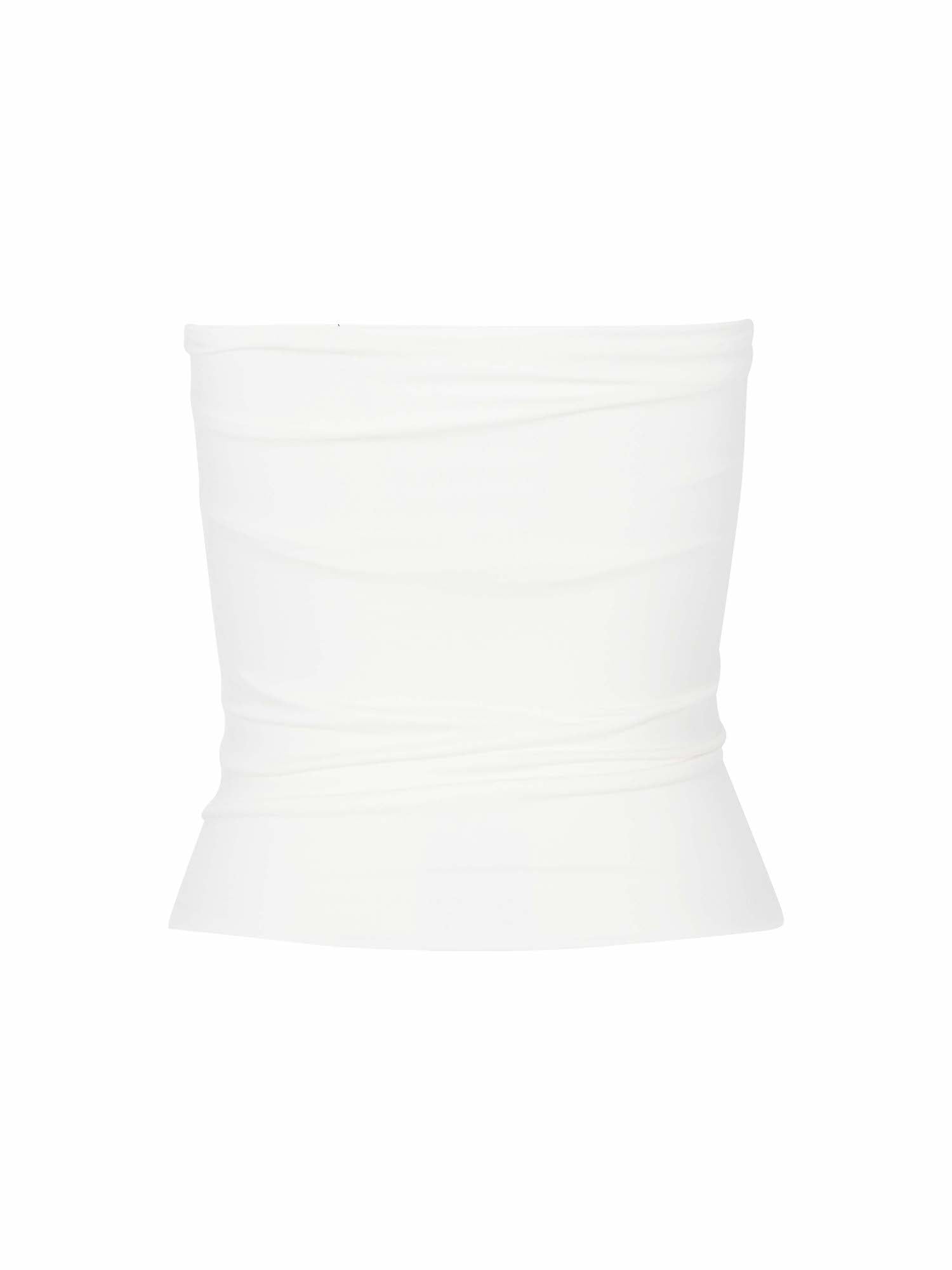 Model wearing cream strapless boob tube top with supportive double layer fabric, women's bamboo clothing