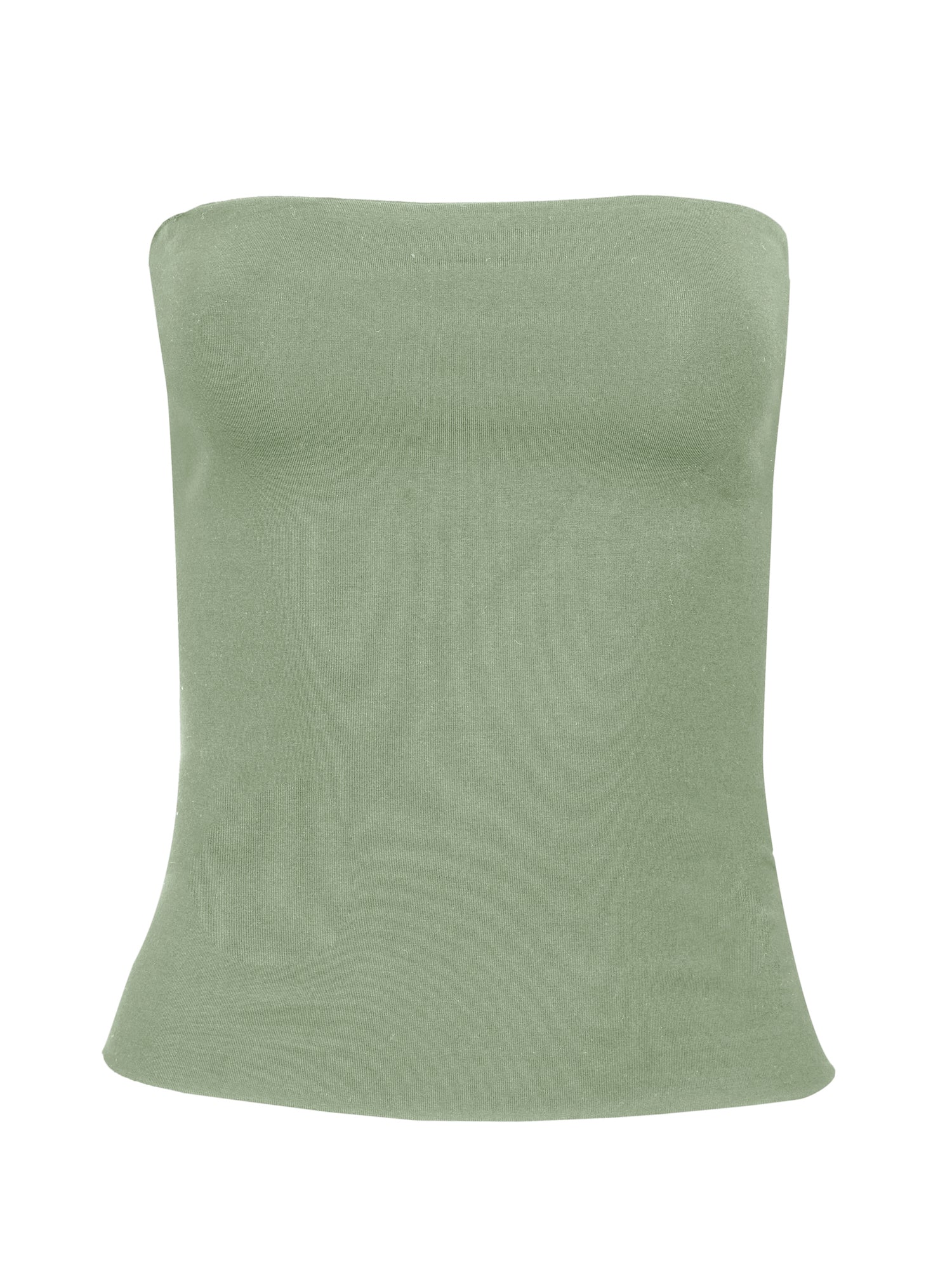 Model wearing eucalyptus green strapless boob tube top with supportive double layer fabric, women's bamboo clothing