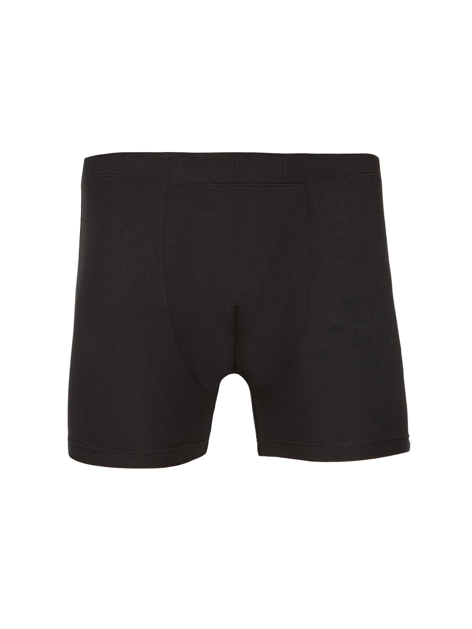Male model wearing black trunk style boxer shorts with a soft elasticated waistband and pouch detail stiching, men's bamboo underwear