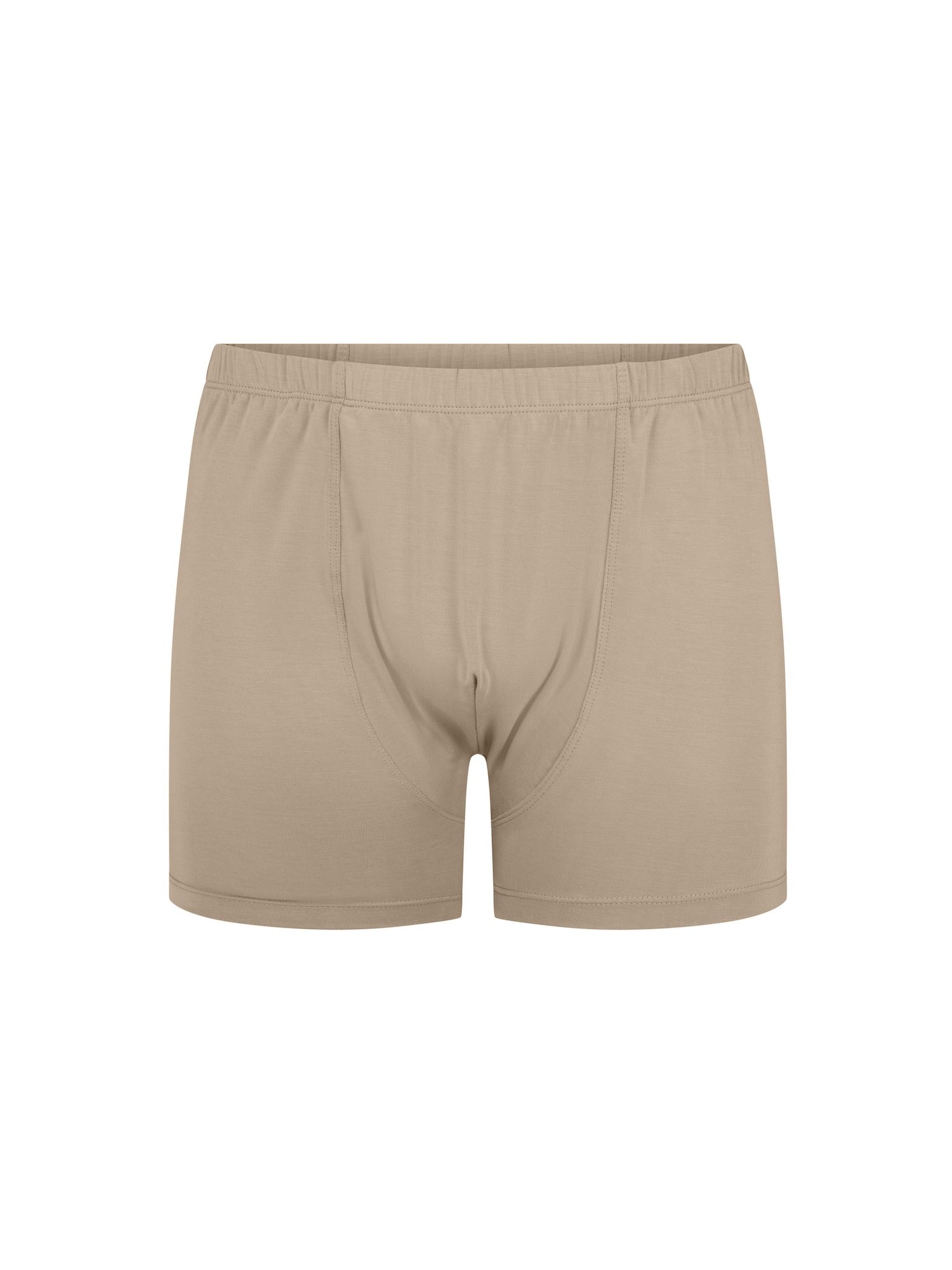 caramel beige trunk style boxer shorts with a soft elasticated waistband and pouch detail stitching, men's bamboo underwear