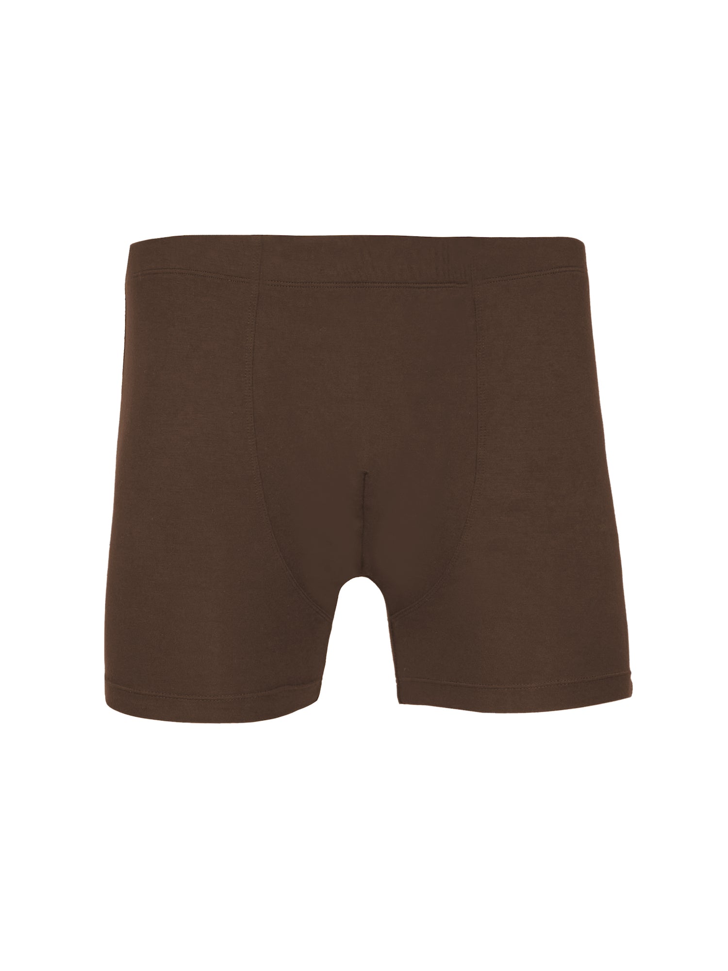 Male model wearing cocoa trunk style boxer shorts with a soft elasticated waistband and pouch detail stiching, men's bamboo underwear