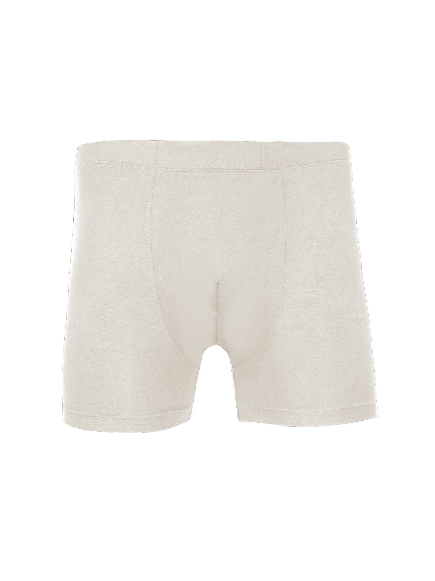 Male model wearing cream trunk style boxer shorts with a soft elasticated waistband and pouch detail stiching, men's bamboo underwear