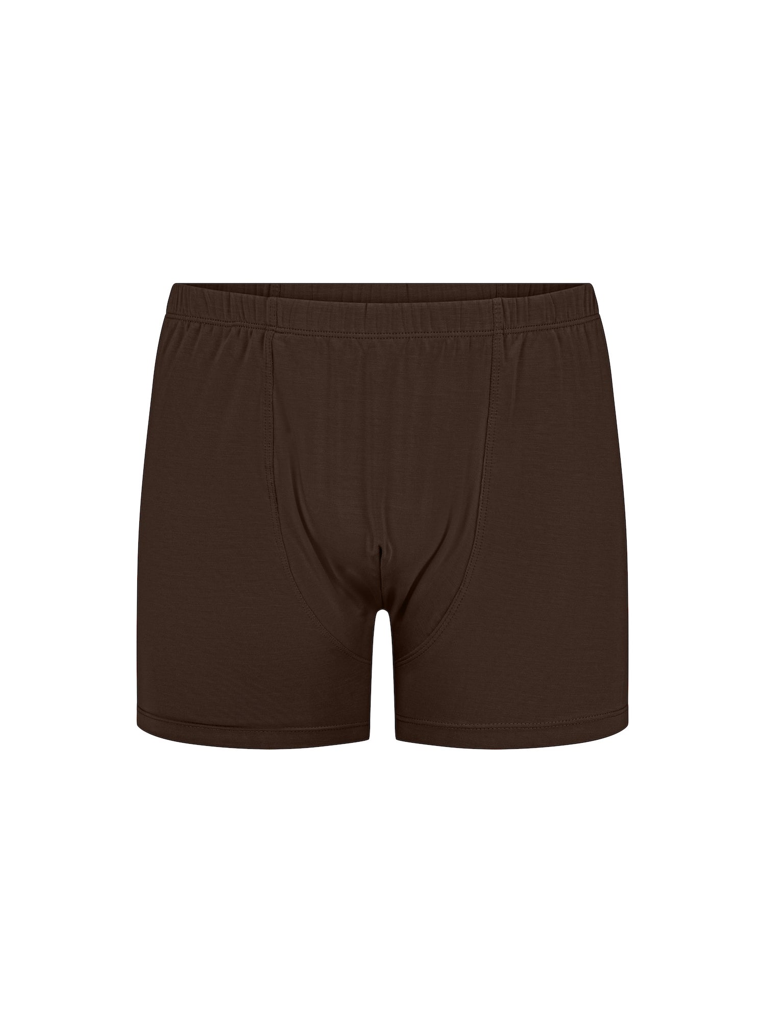 cocoa brown trunk style boxer shorts with a soft elasticated waistband and pouch detail stitching, men's bamboo underwear