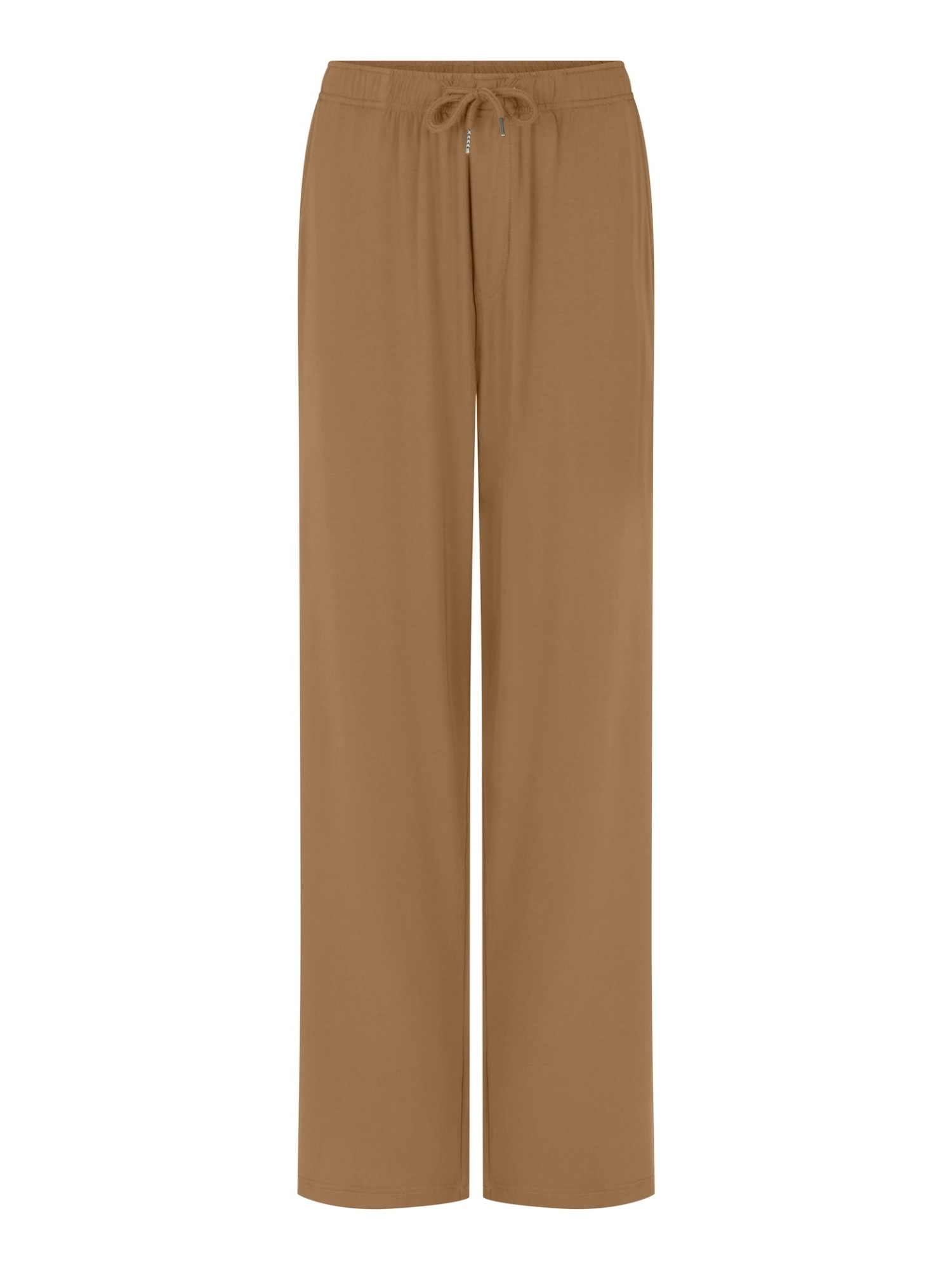 Tan pants with a drawstring waist on a white background