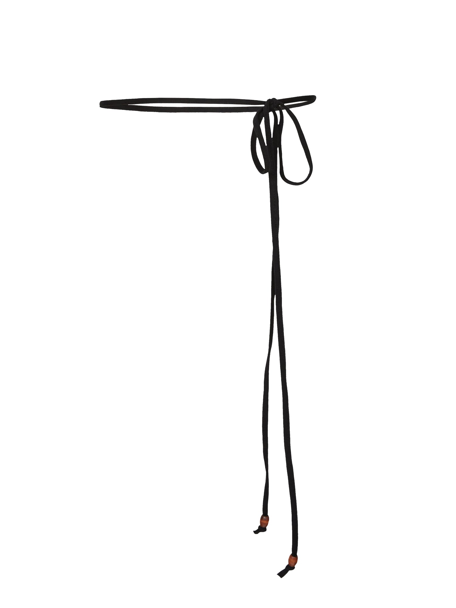 Model wearing black long thin string belt with brown wooden bead tied at both ends, women's bamboo clothing accessories