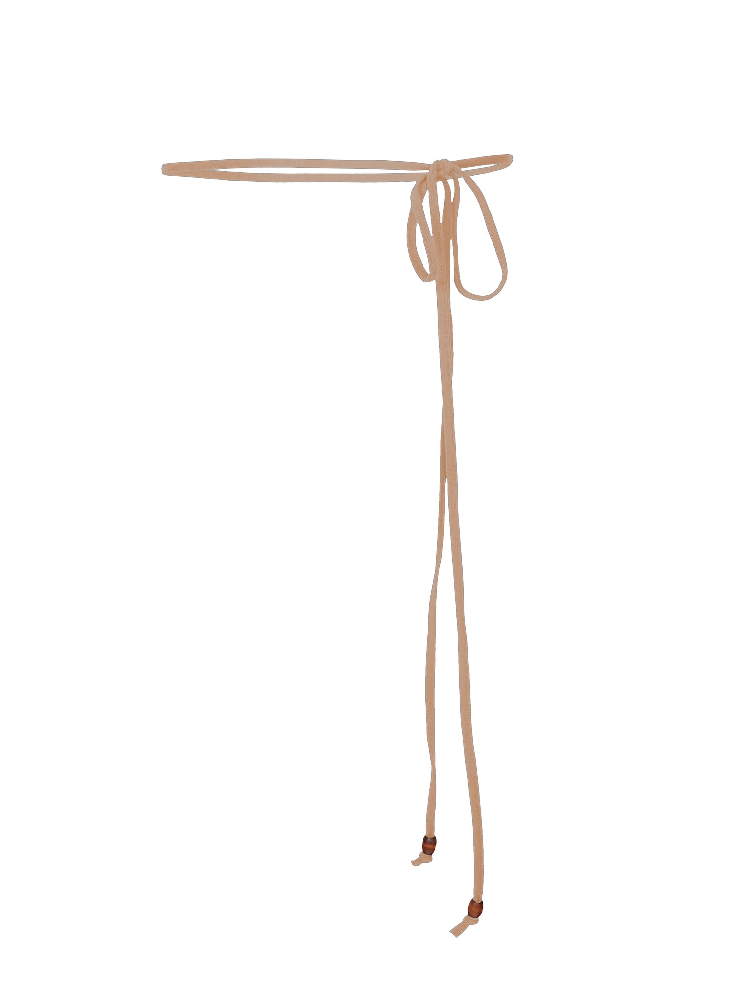 Model wearing caramel brown long thin string belt with brown wooden bead tied at both ends, women's bamboo clothing accessories