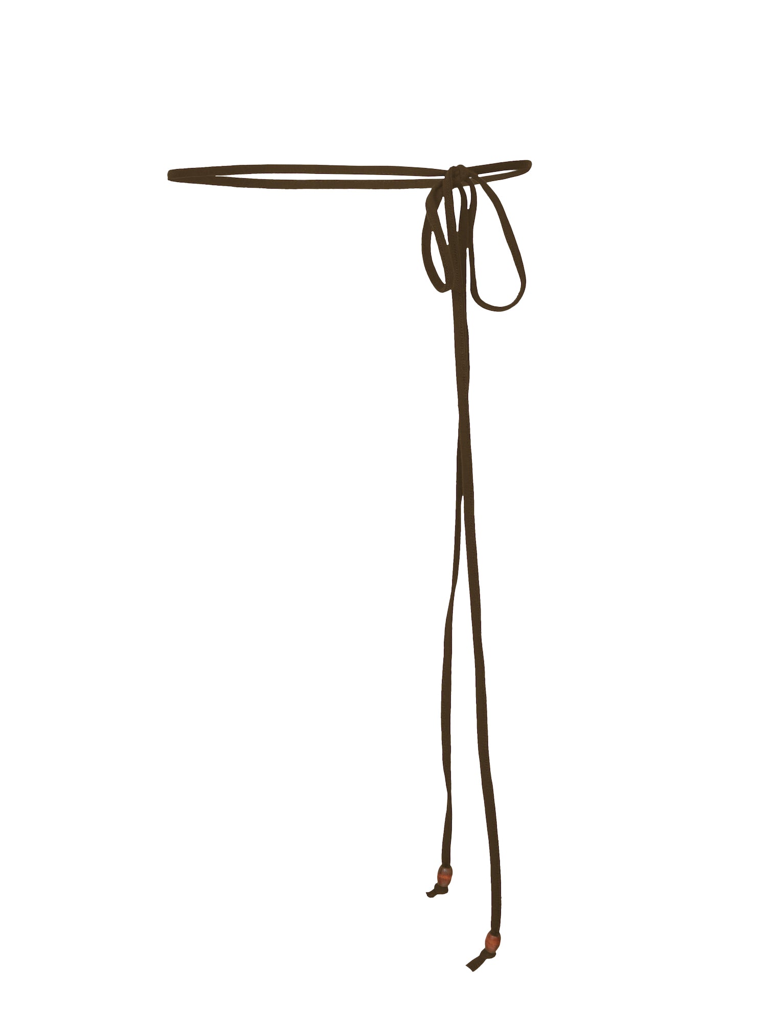 Model wearing cocoa brown long thin string belt with brown wooden bead tied at both ends, women's bamboo clothing accessories