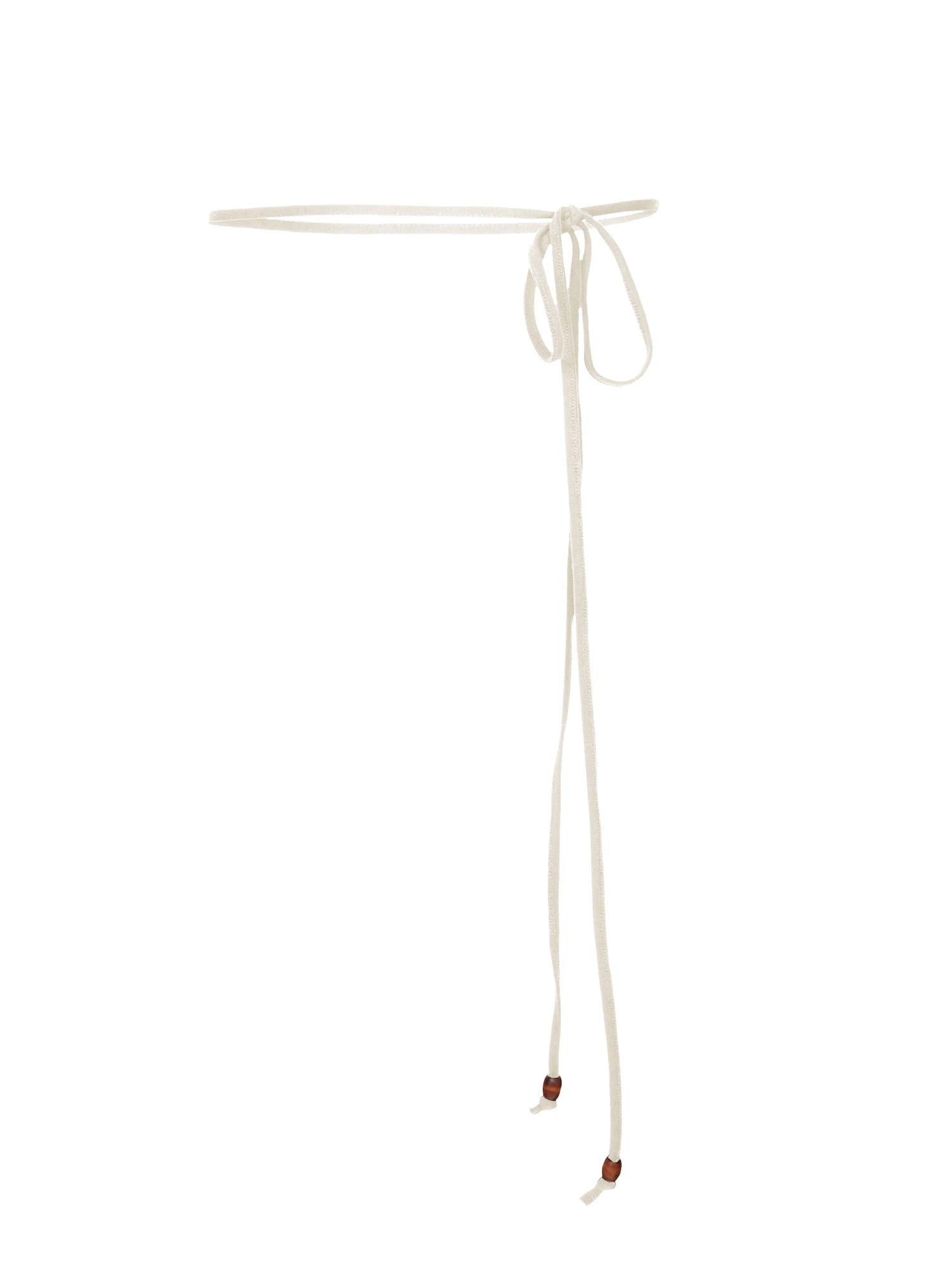 Model wearing cream long thin string belt with brown wooden bead tied at both ends, women's bamboo clothing accessories