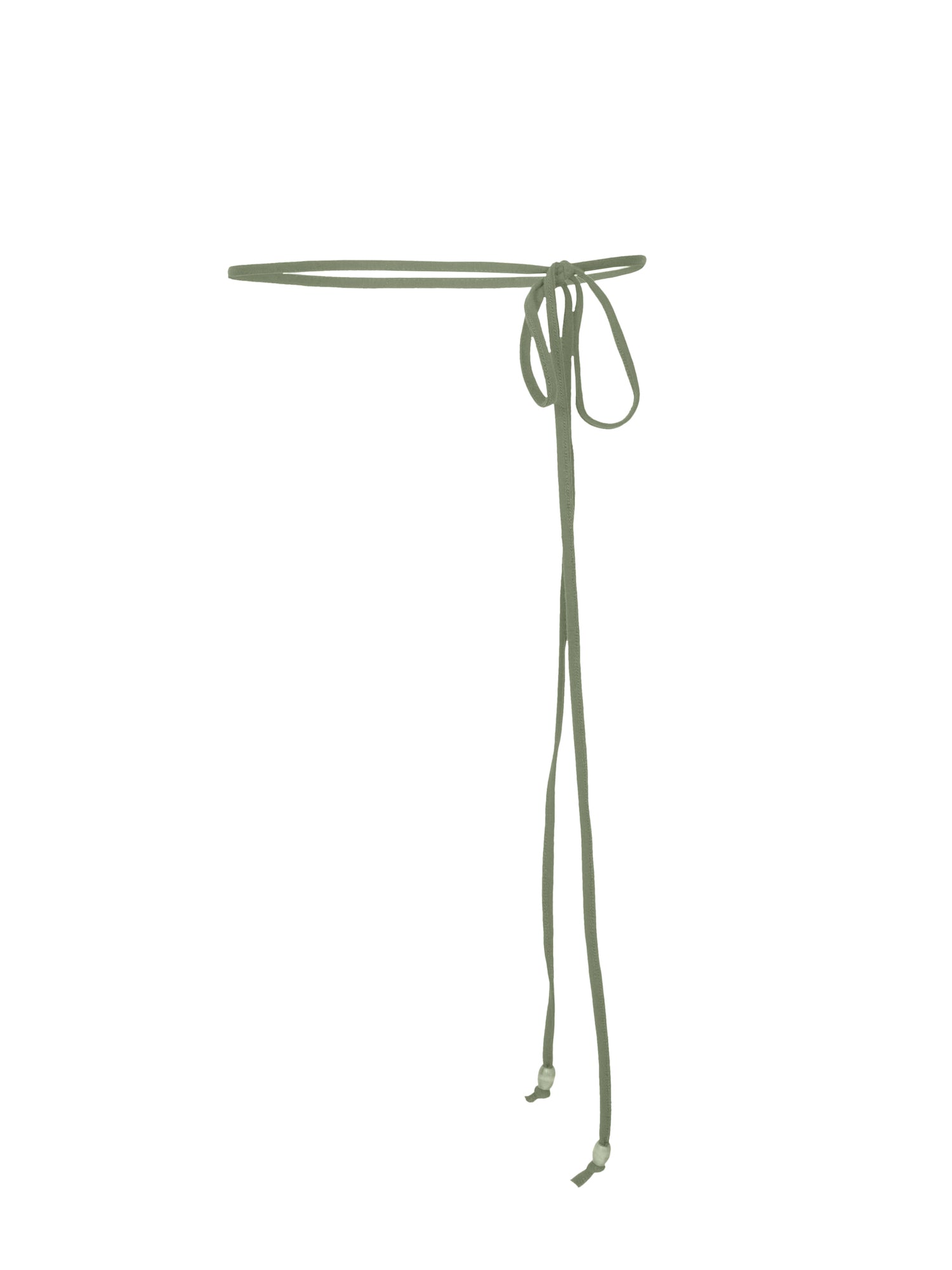 Model wearing eucalyptus green long thin string belt with brown wooden bead tied at both ends, women's bamboo clothing accessories