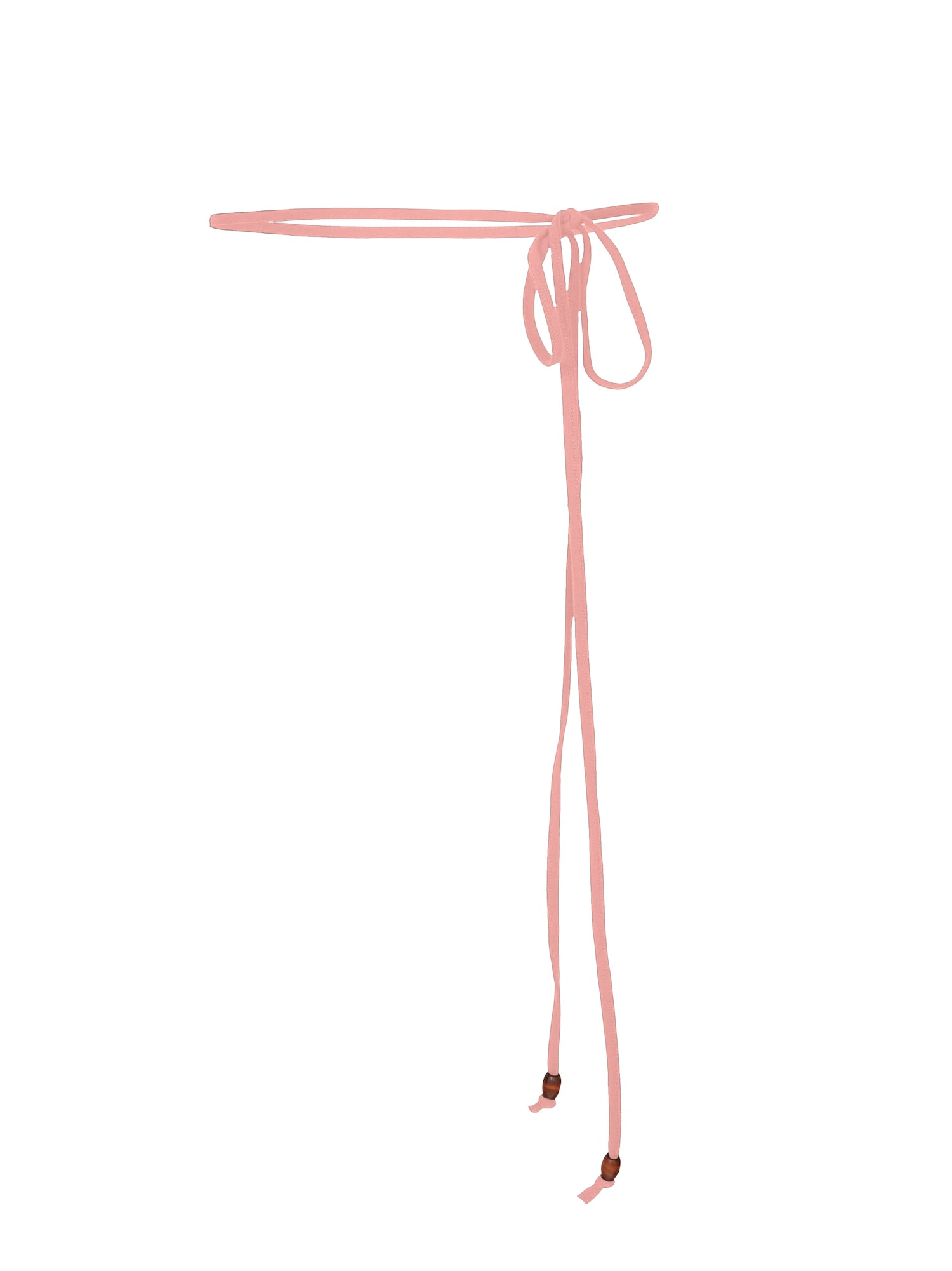 Model wearing dusty pink long thin string belt with brown wooden bead tied at both ends, women's bamboo clothing accessories