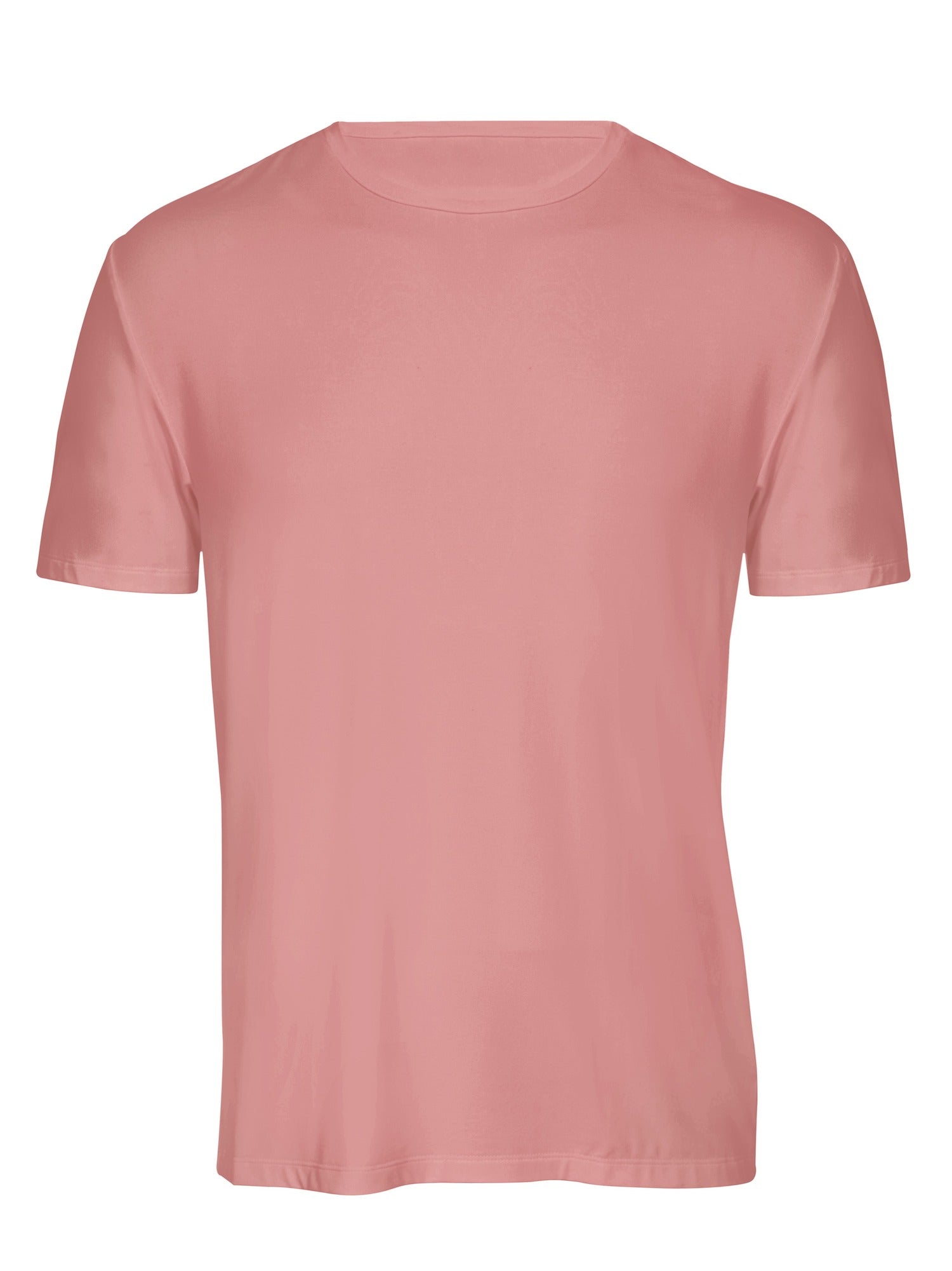 Male model wearing dusty pink generous classic fit tee, soft neckband, crew neckline, short sleeve, men's bamboo clothing