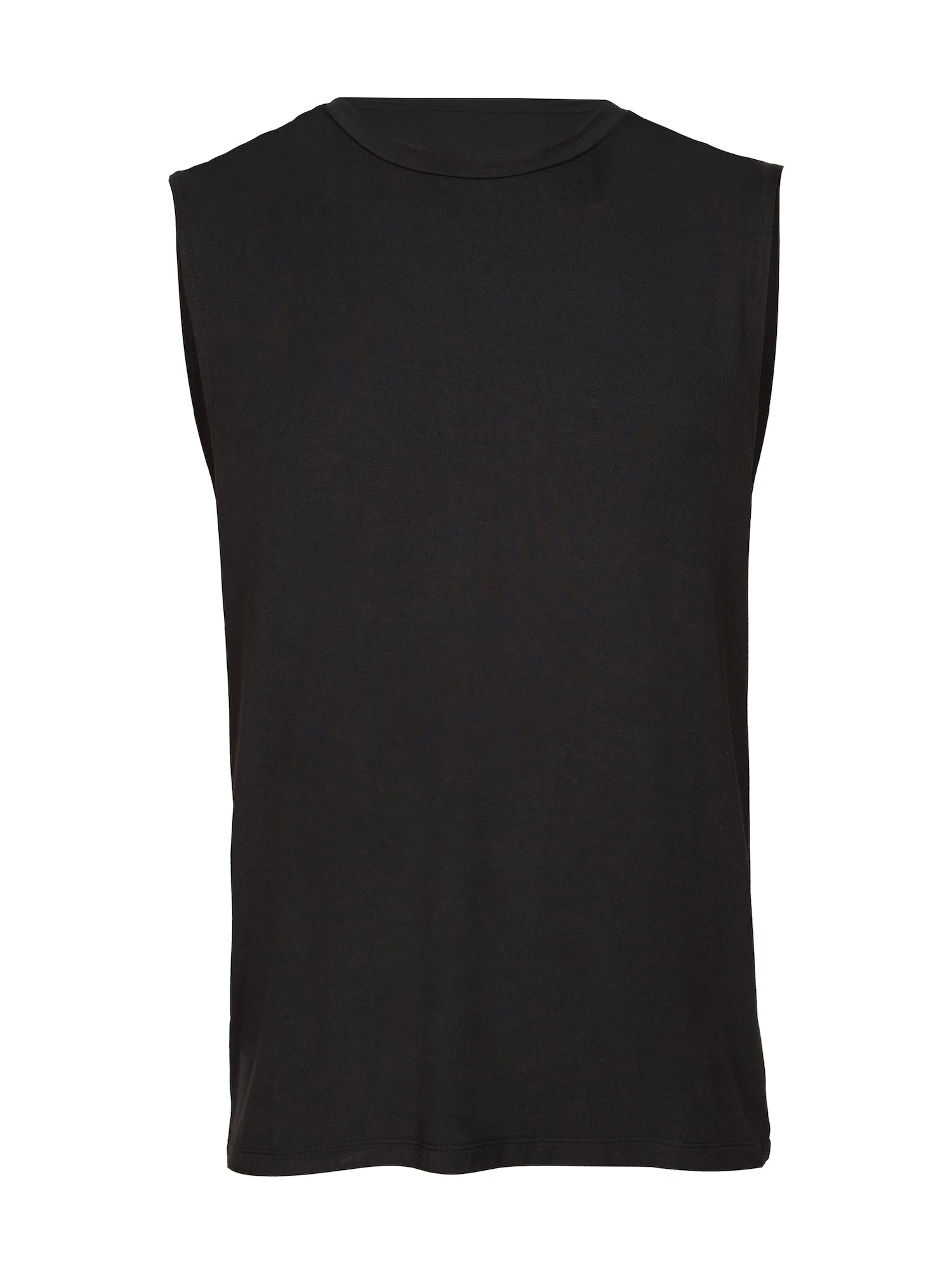 Male model wearing black generous classic fit tank singlet, soft neckband, crew neckline, sleeveless, men's bamboo clothing