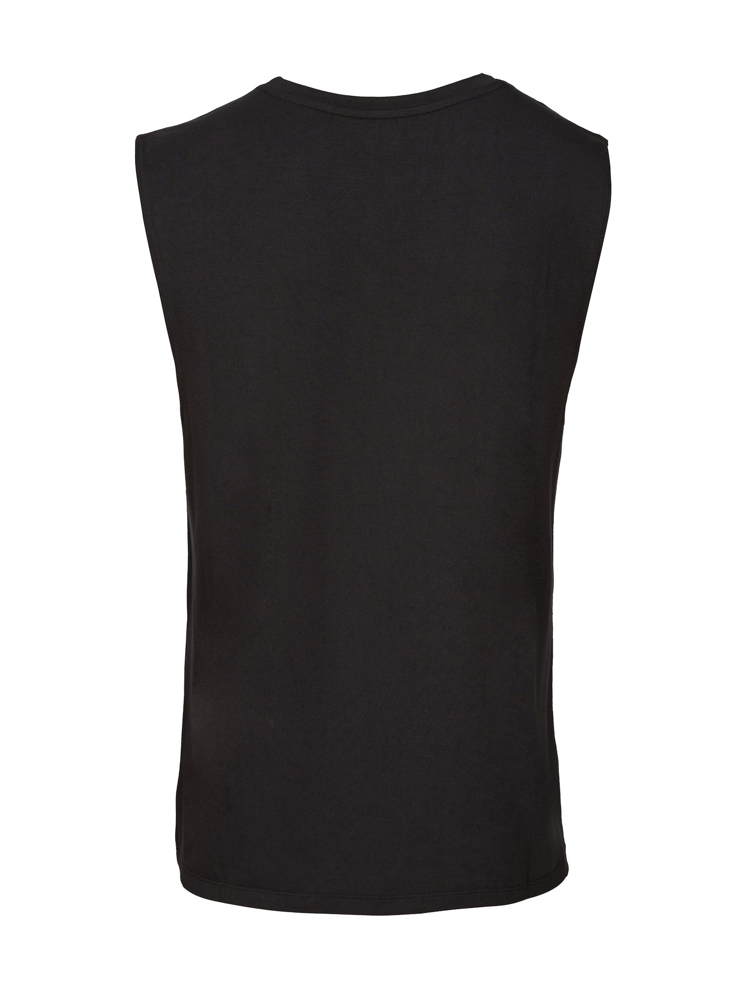 Male model wearing black generous classic fit tank singlet, soft neckband, crew neckline, sleeveless, men's bamboo clothing