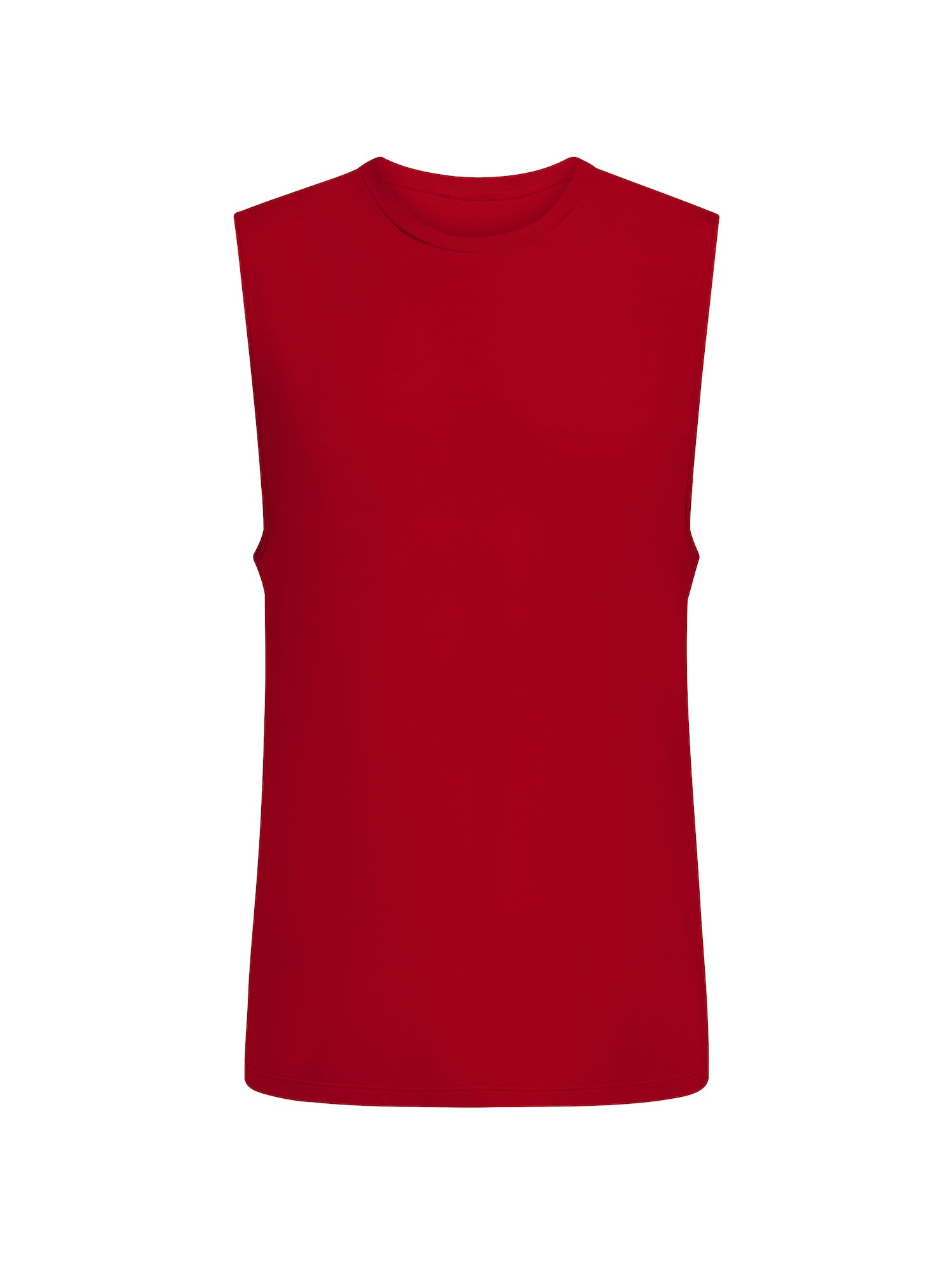 chili red generous classic fit tank singlet, soft neckband, crew neckline, sleeveless, men's bamboo clothing on a white background