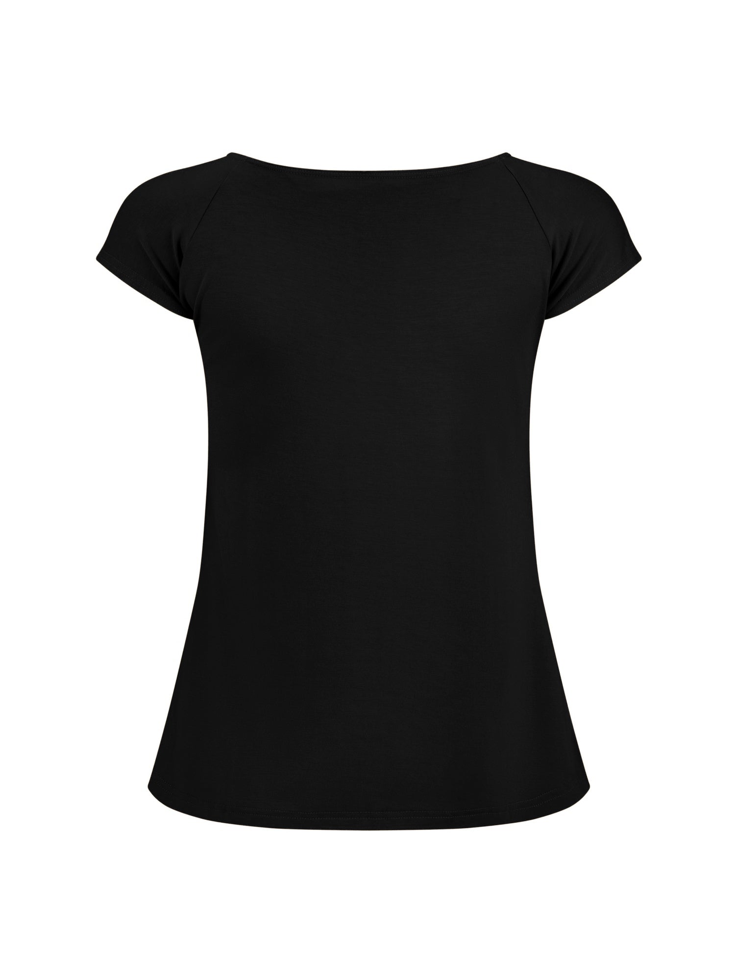 Black boat neck t-shirt with capped sleeves, fitted through shoulders and chest with slight flare at waist, women's bamboo clothing