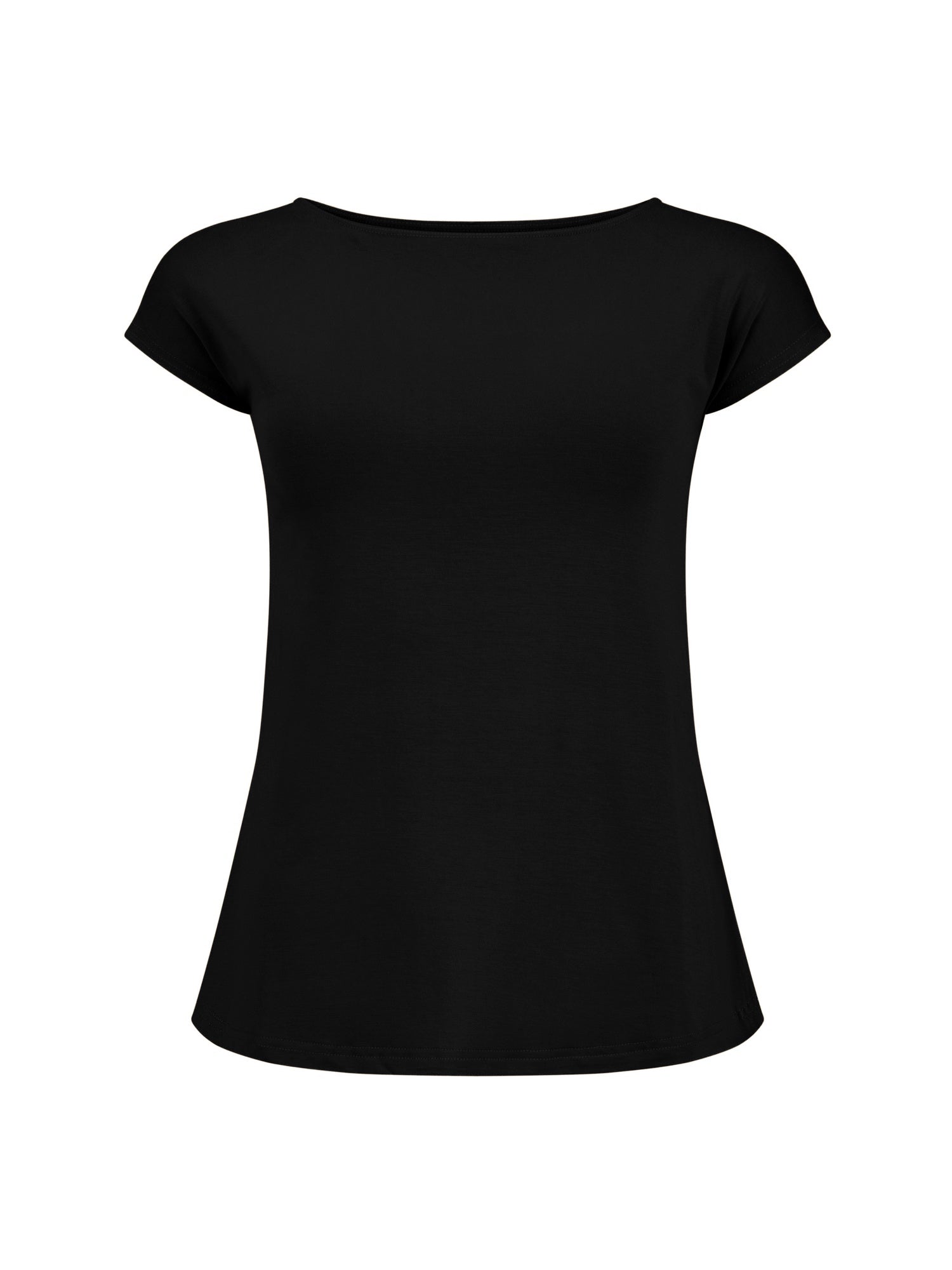 Black boat neck t-shirt with capped sleeves, fitted through shoulders and chest with slight flare at waist, women's bamboo clothing