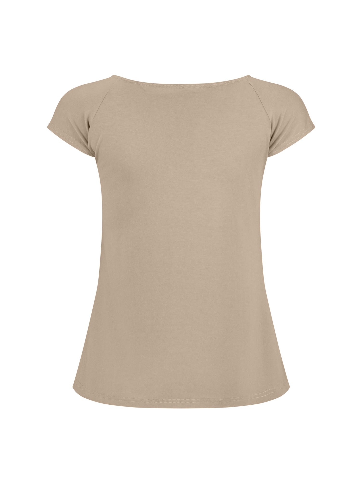 caramel boat neck t-shirt with capped sleeves, fitted through shoulders and chest with loose fit to waist, women's bamboo clothing