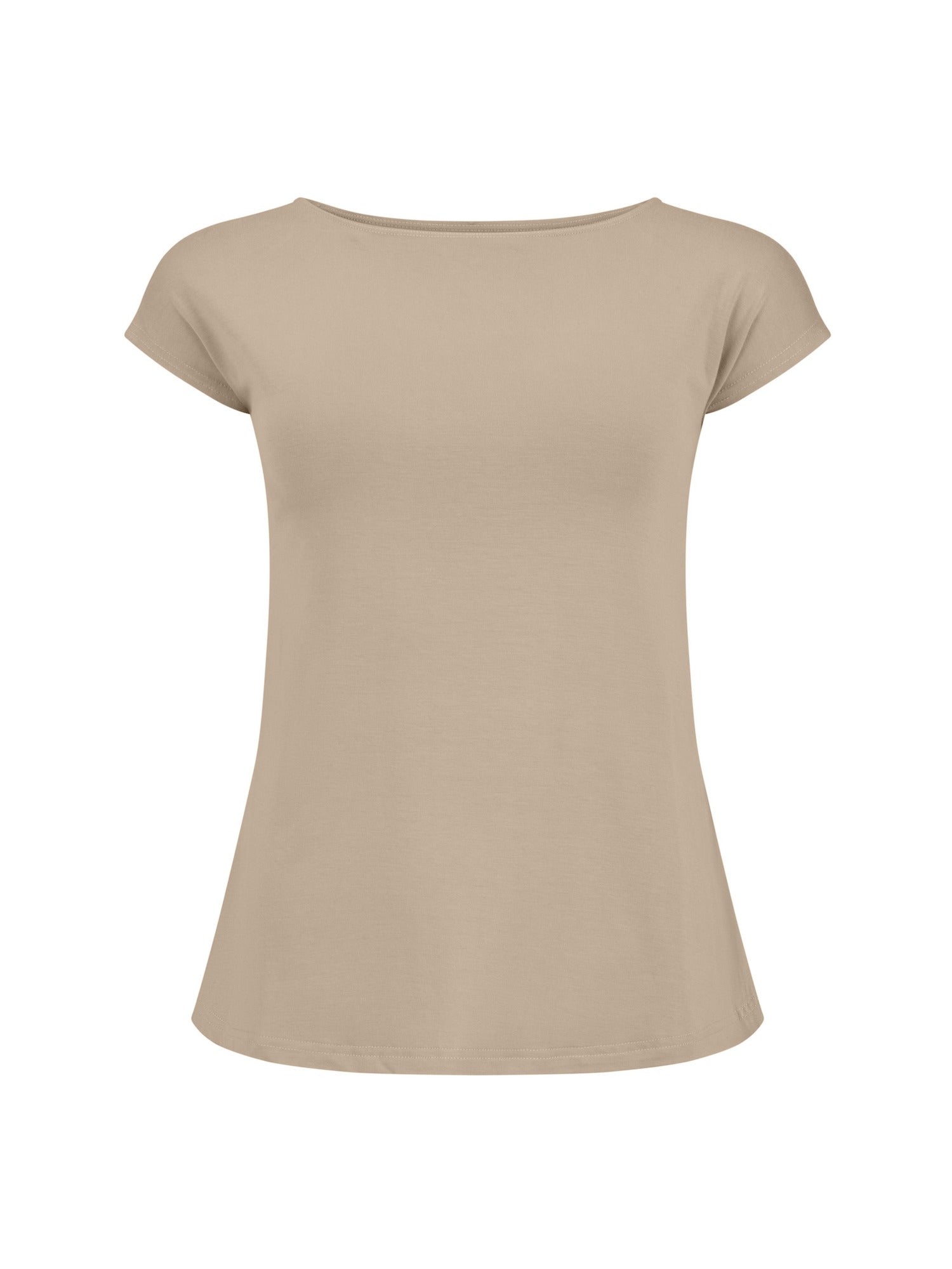 caramel boat neck t-shirt with capped sleeves, fitted through shoulders and chest with loose fit to waist, women's bamboo clothing