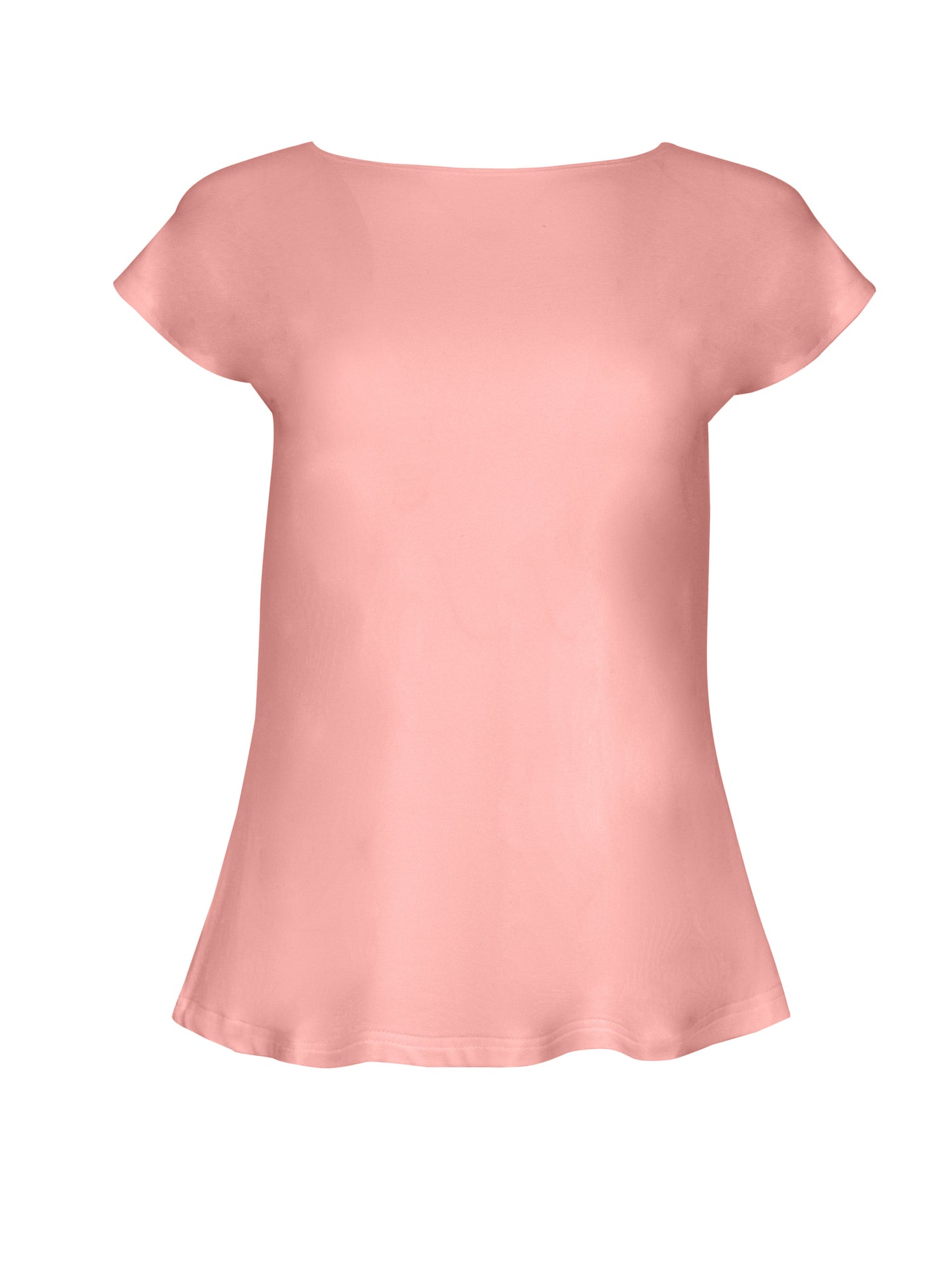 Model wearing a dusty pink boat neck t-shirt with capped sleeves, fitted through shoulders and chest with slight flare at waist, women's bamboo clothing