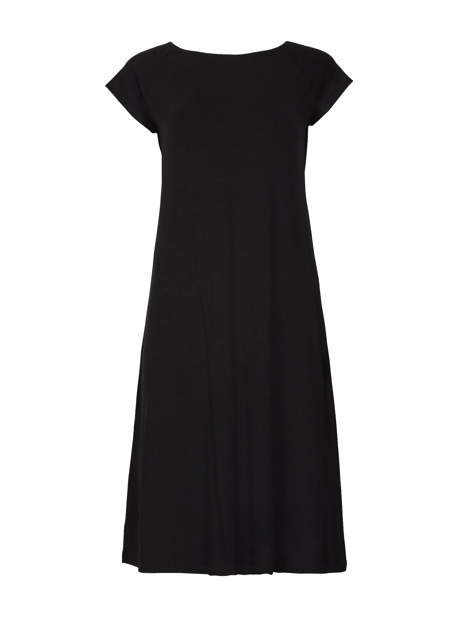 Model wearing a black boat neck dress with capped sleeves, fitted through shoulders and chest and a slight a-line flare to below the knee, women's bamboo clothing