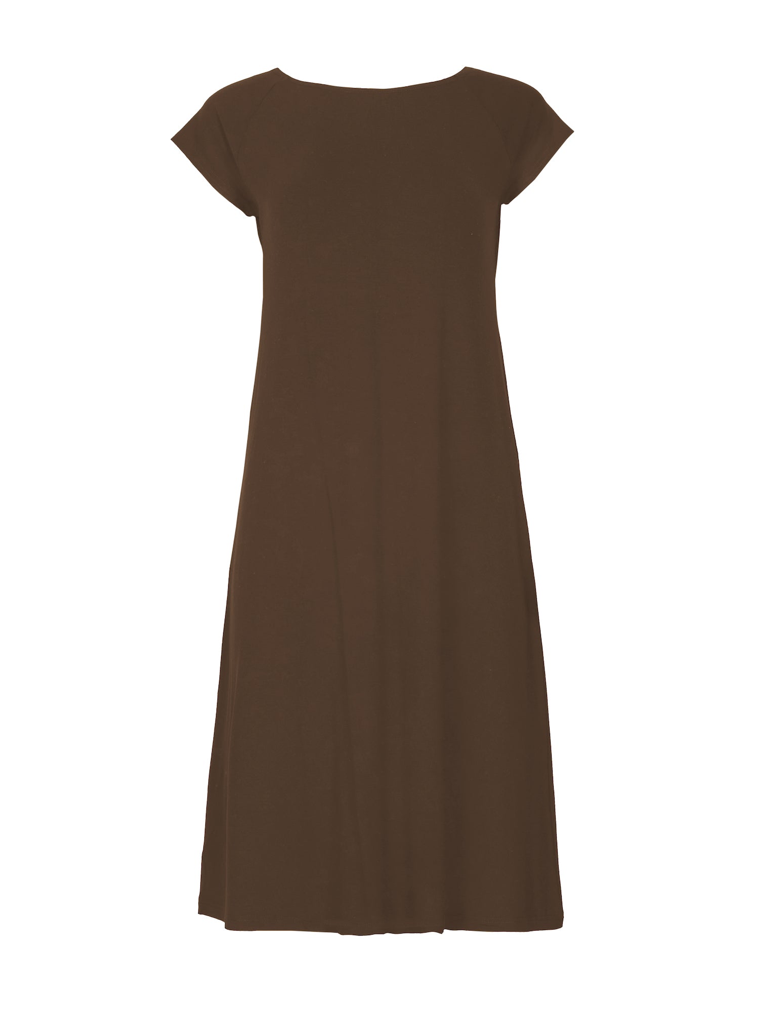 Model wearing a cocoa brown boat neck dress with capped sleeves, fitted through shoulders and chest and a slight a-line flare to below the knee, women's bamboo clothing