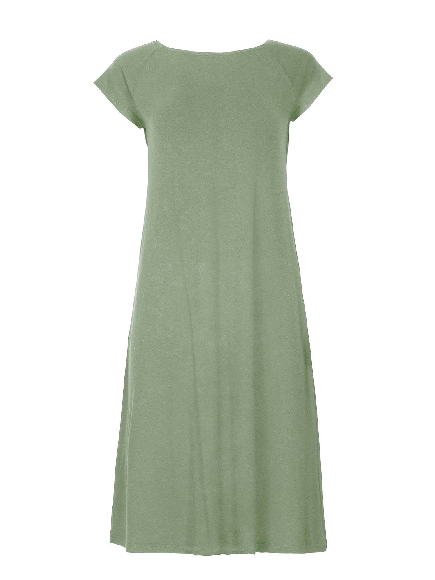 Model wearing a eucalyptus green boat neck dress with capped sleeves, fitted through shoulders and chest and a slight a-line flare to below the knee, women's bamboo clothing