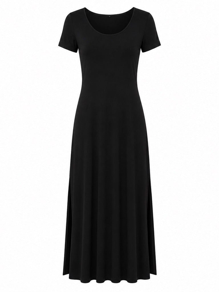 Bamboo Short Slv Scoop Neck Maxi Dress - Black