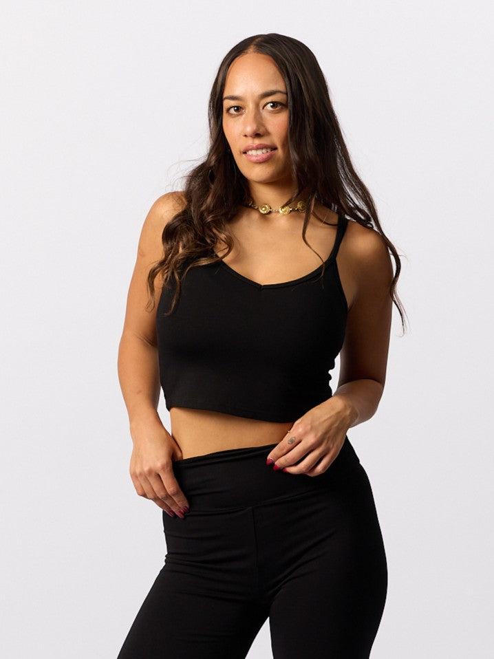 Bamboo Crop Layering Singlet - Black