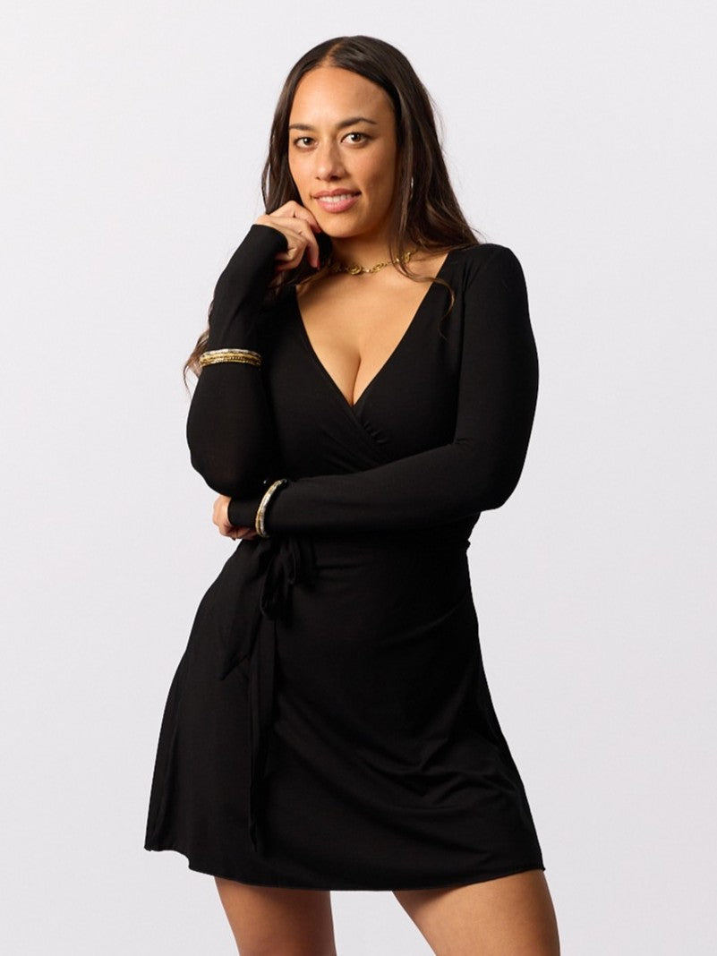 Bamboo Long Sleeve Wrap Dress - Mini - Black