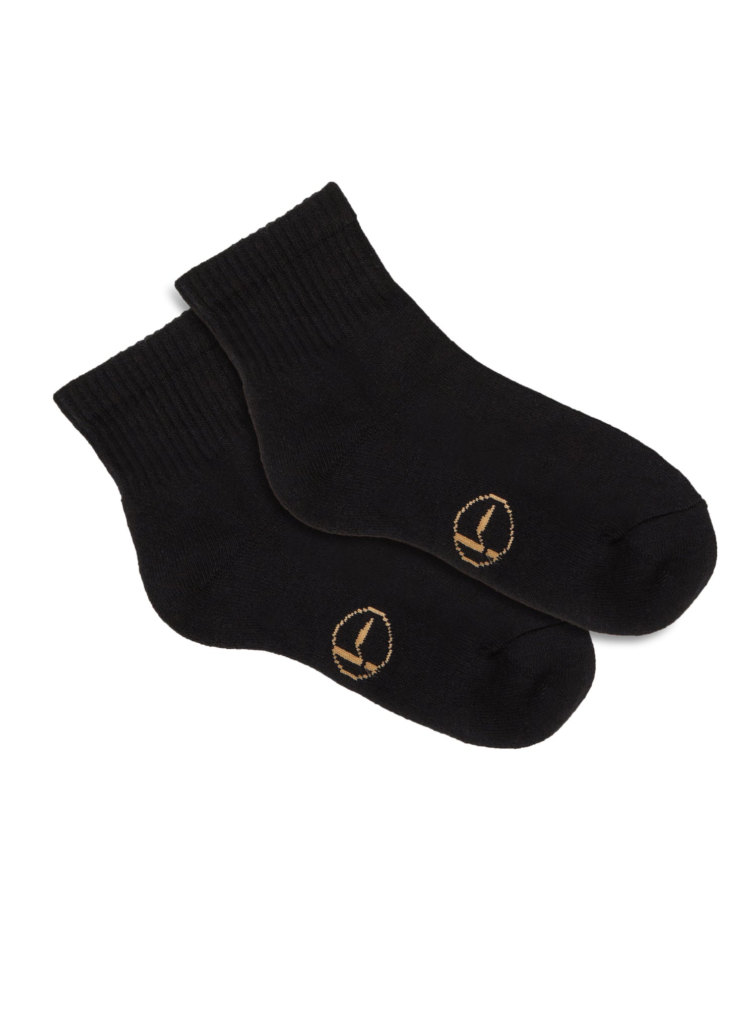 Model wearing black bamboo crew socks, mid to low rise, ribbed ankle support and cushioned sole, bamboo sport sock